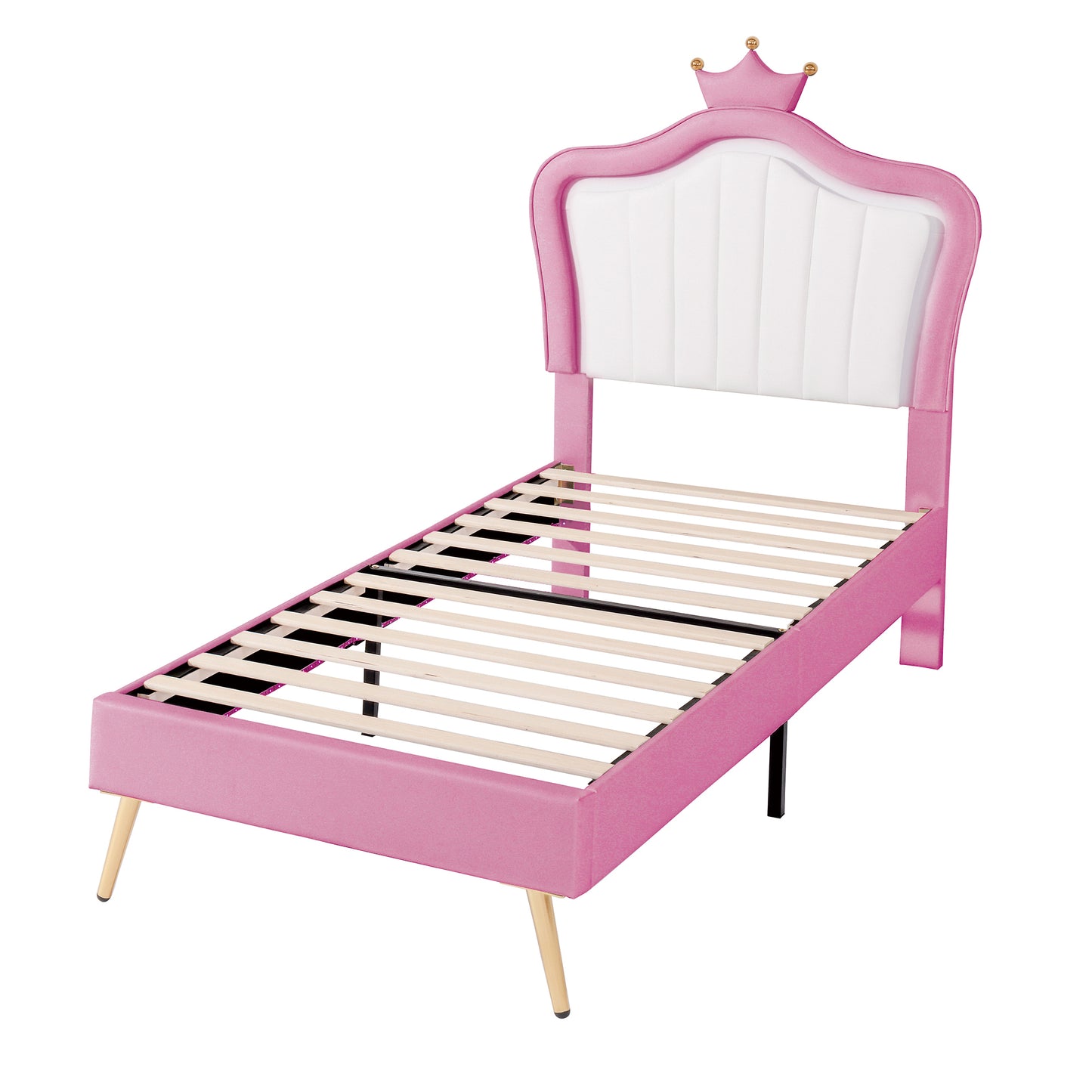 Twin Size Upholstered Bed Frame with LED Lights, Modern Upholstered Princess Bed With Crown Headboard,White+Pink