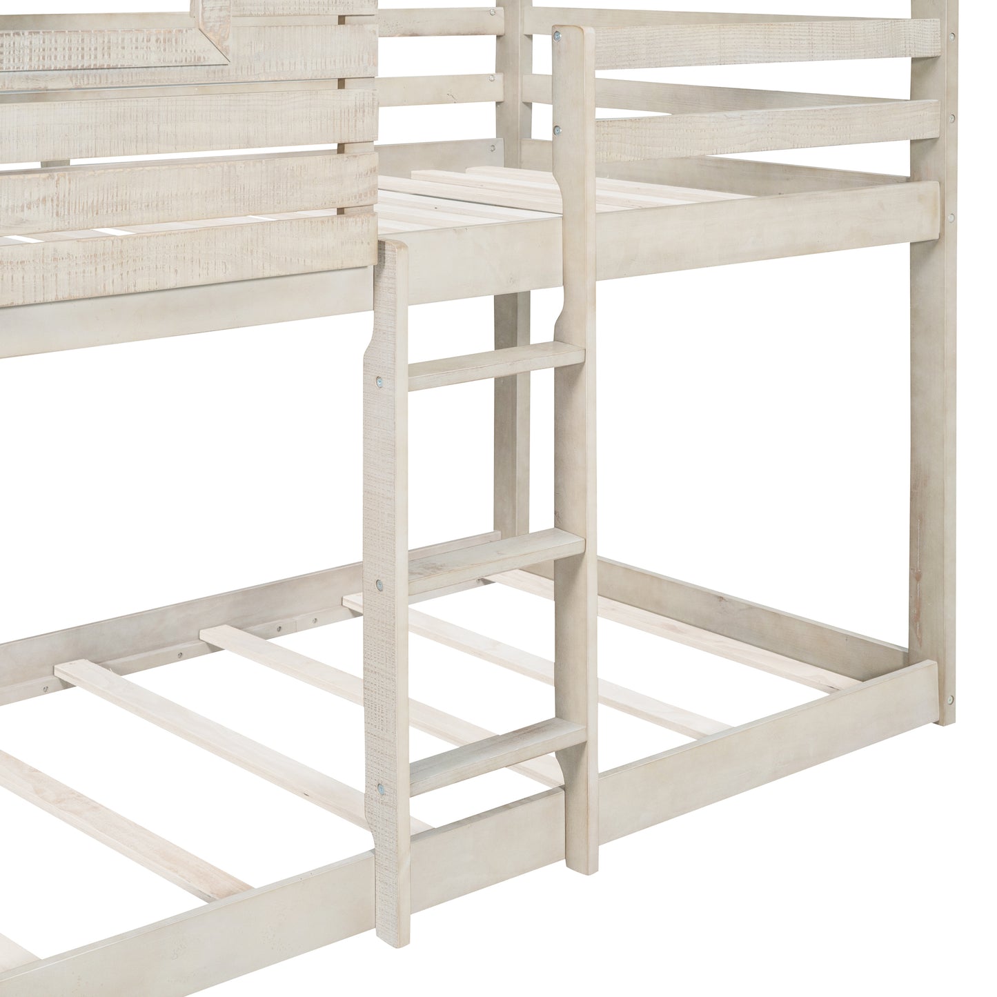 Roofed Wooden Playhouse-Inspired Twin Over Twin Bunk Bed with Window and Guardrail (Antique White)