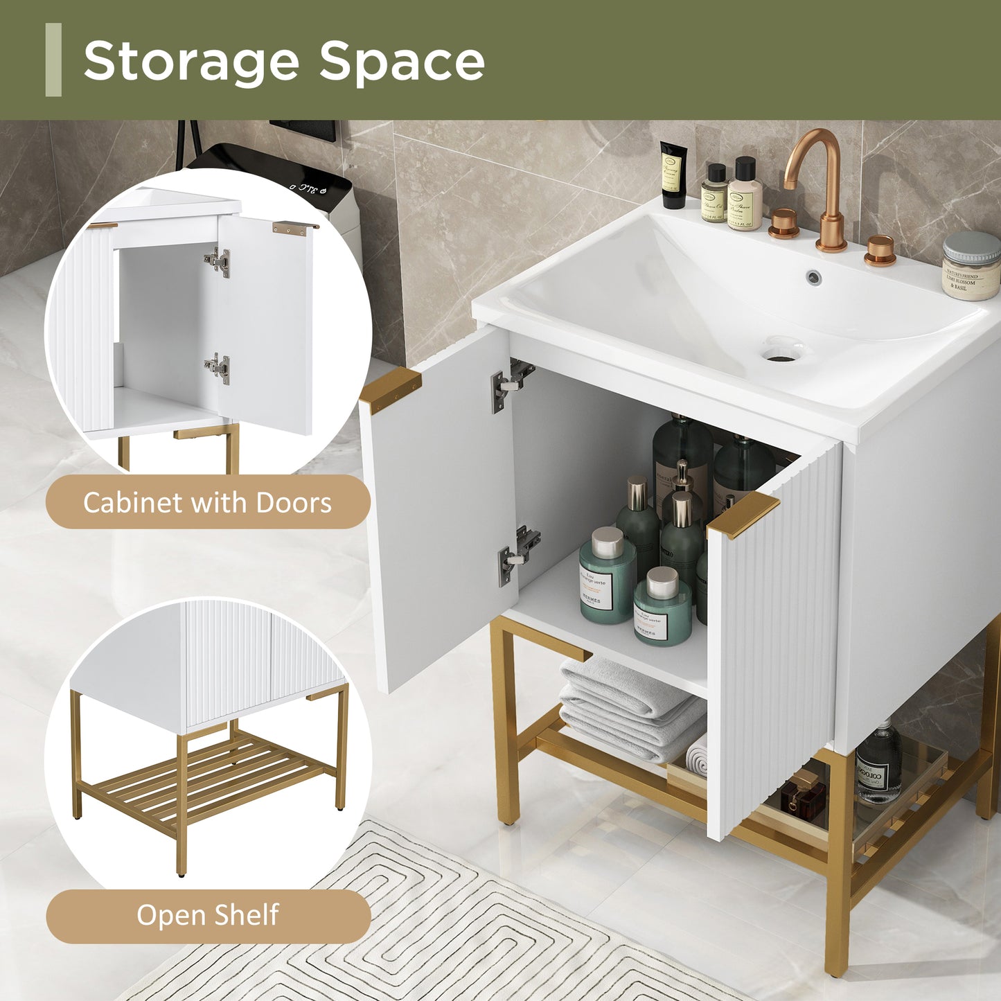 24" Bathroom Vanity with Sink, Bathroom Vanity Cabinet with Two Doors and Gold Metal Frame, Open Storage Shelf, White