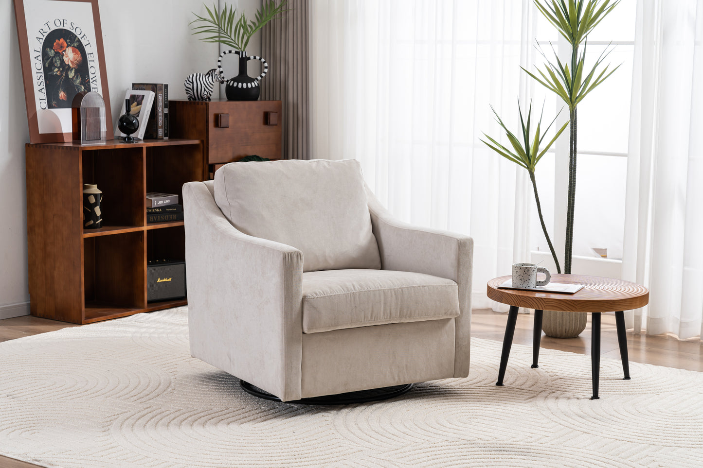 Large swivel chair, upholstered armchair, modern chair, skin-friendly gradient color linen fabric, comfortable to sit. Suitable for reception living room, beige