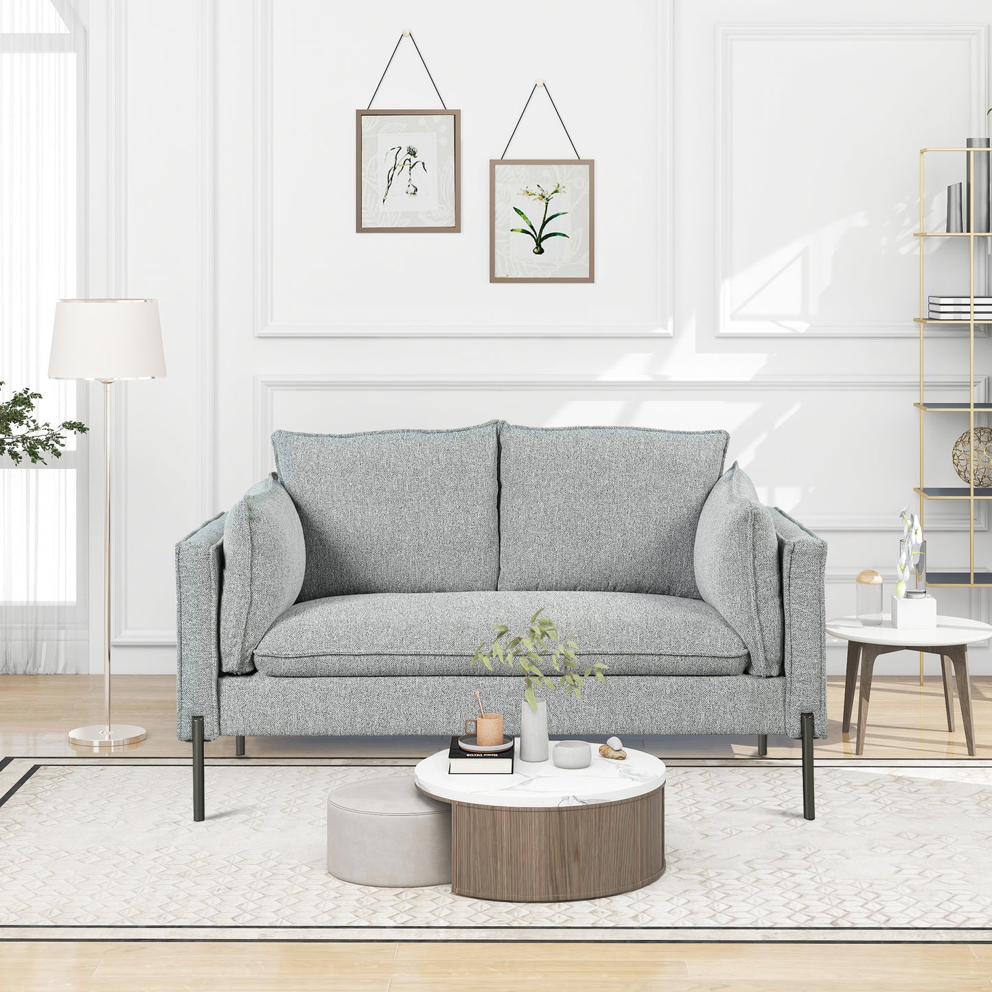 Small Space Modern Loveseat Sofa with Linen Fabric and Bolster Pillows