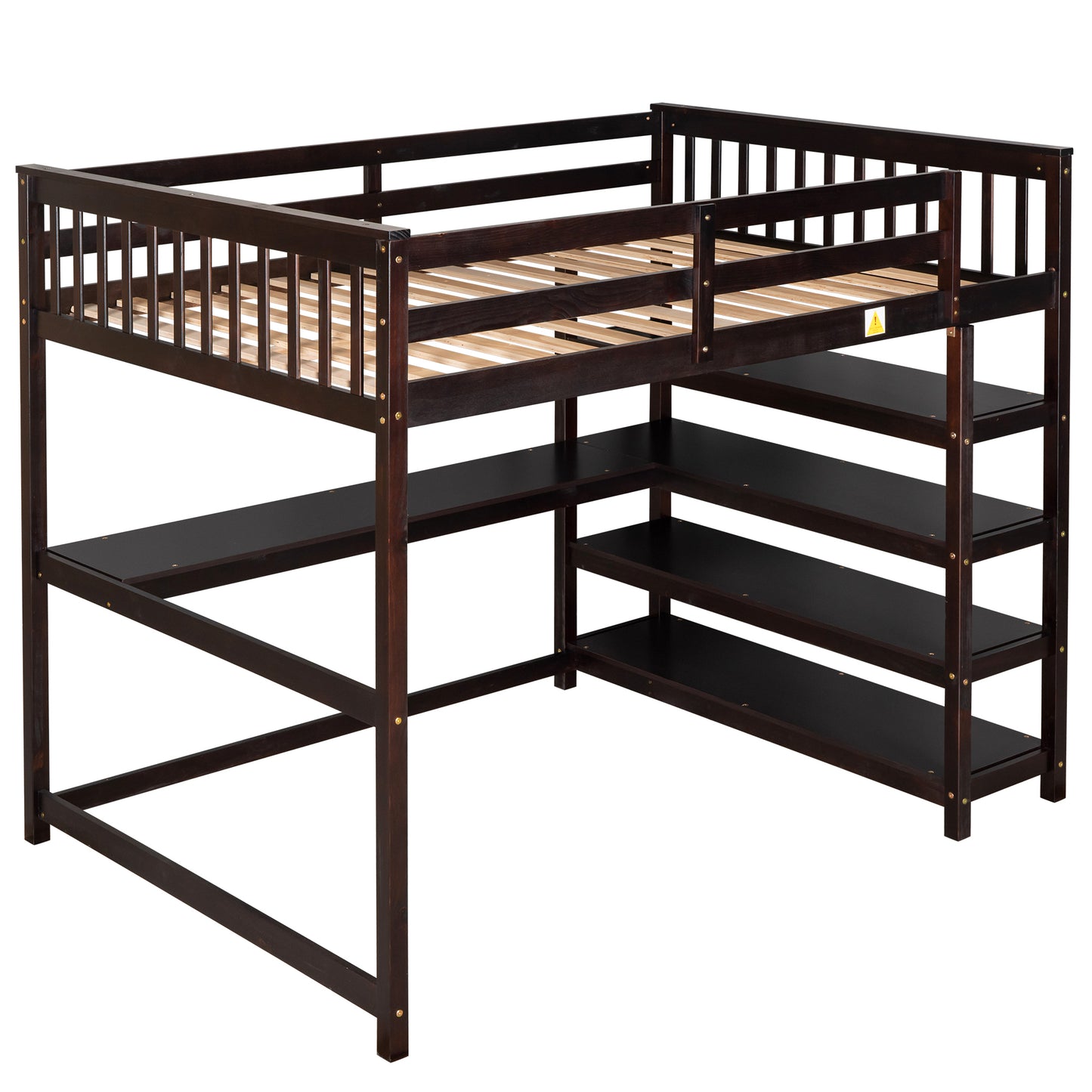 Full Size Loft Bed with Storage Shelves and Under-bed Desk, Espresso