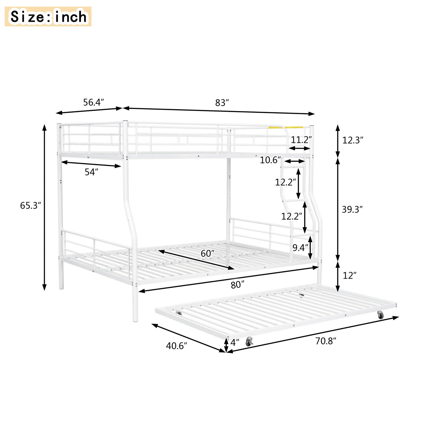 White Full XL Over Queen Metal Bunk Bed with Trundle