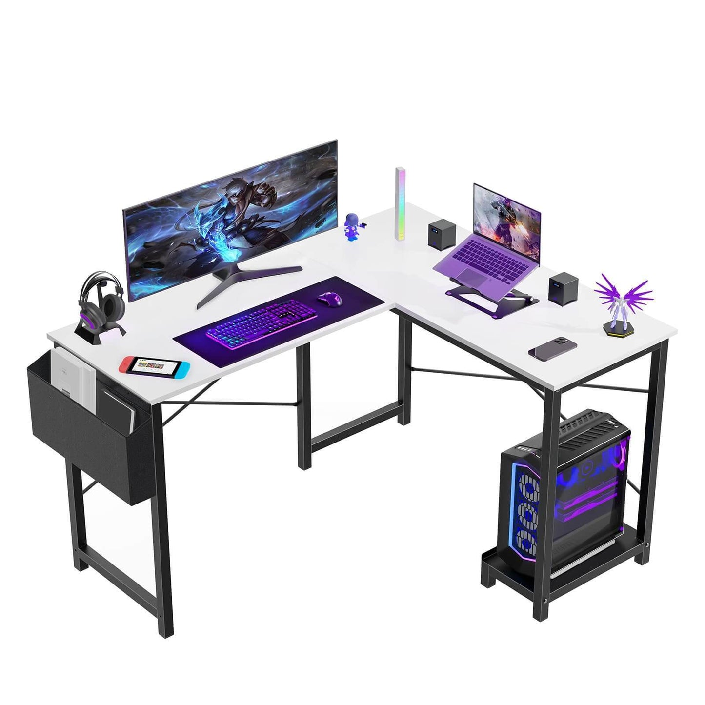 White Corner Gaming and Work Desk with Storage & CPU Tray