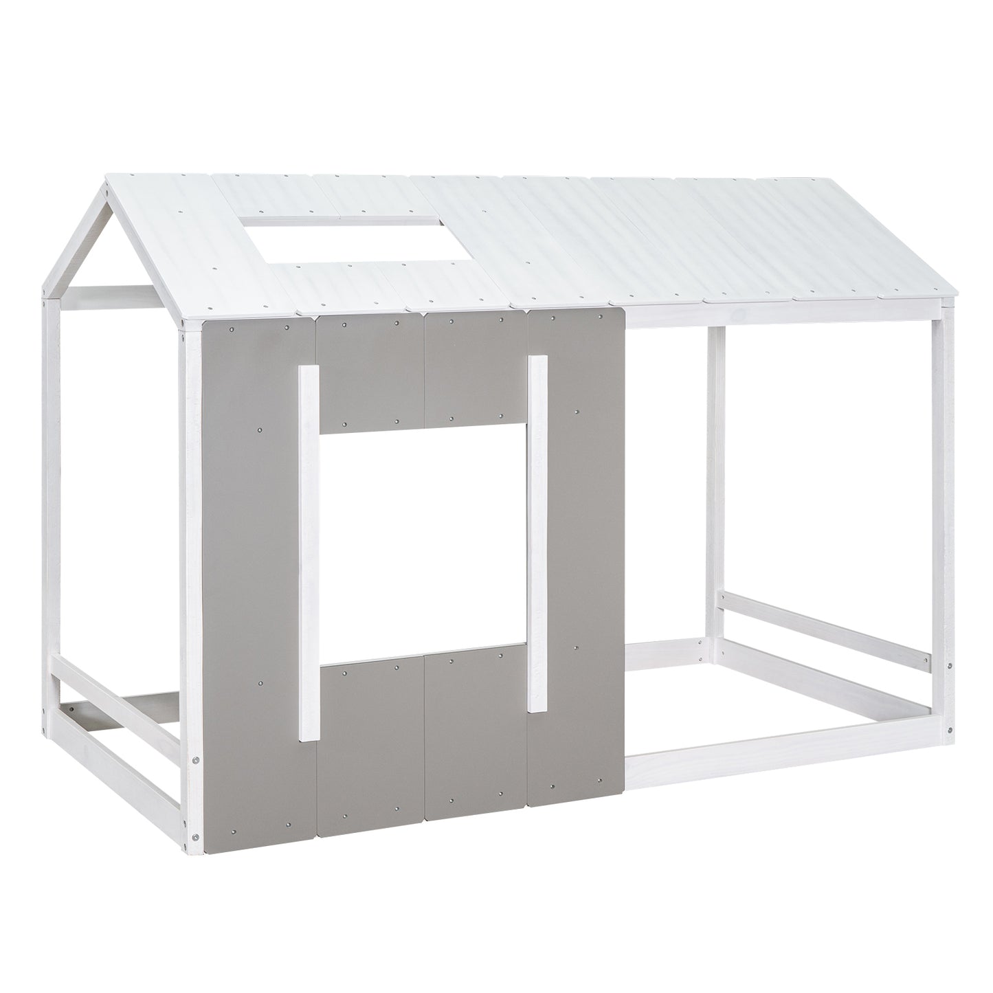 Twin Size House Platform with Roof and Window, White+Antique Grey(: WF294130AAE)