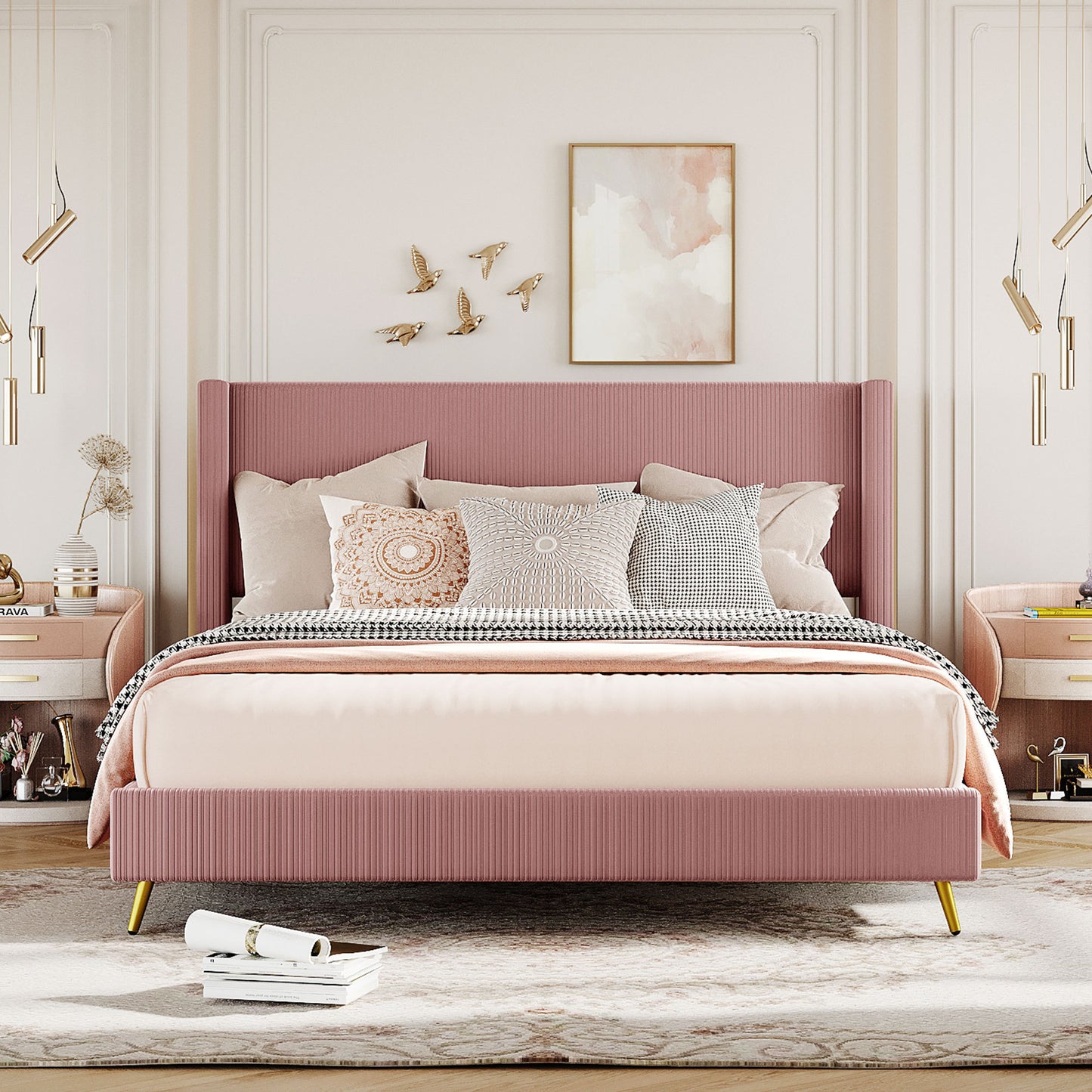 Queen Size Corduroy Platform Bed with Metal Legs, Pink