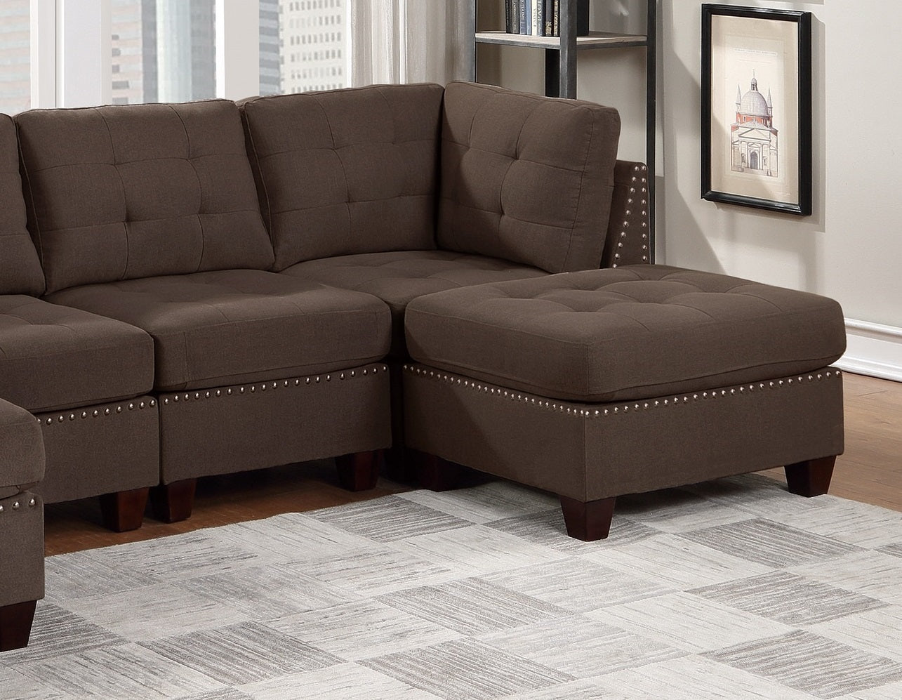 Elegant Black Coffee Modular Sectional Living Room Set with Tufted Nail heads