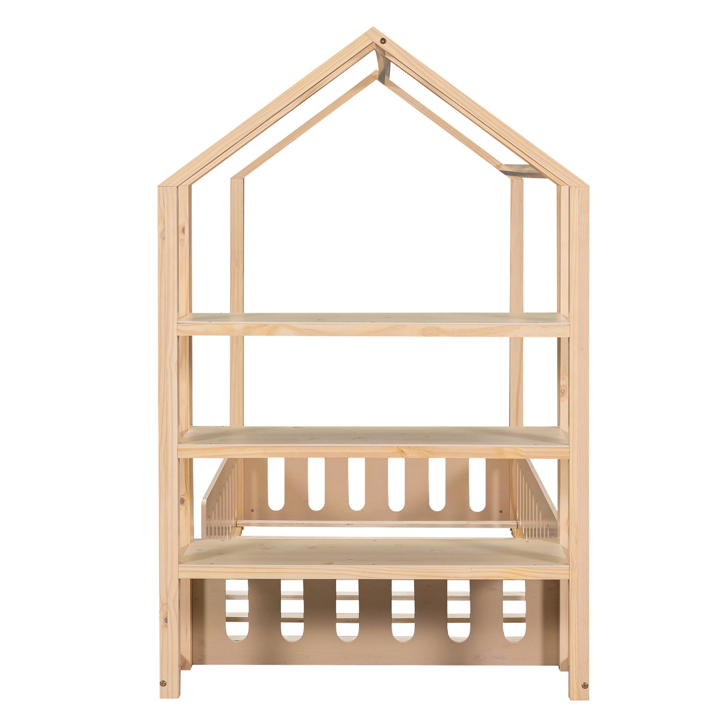 Twin Size Wood House Bed with Fence and Detachable Storage Shelves, Natural (Expected Arrival Time: 1.7)