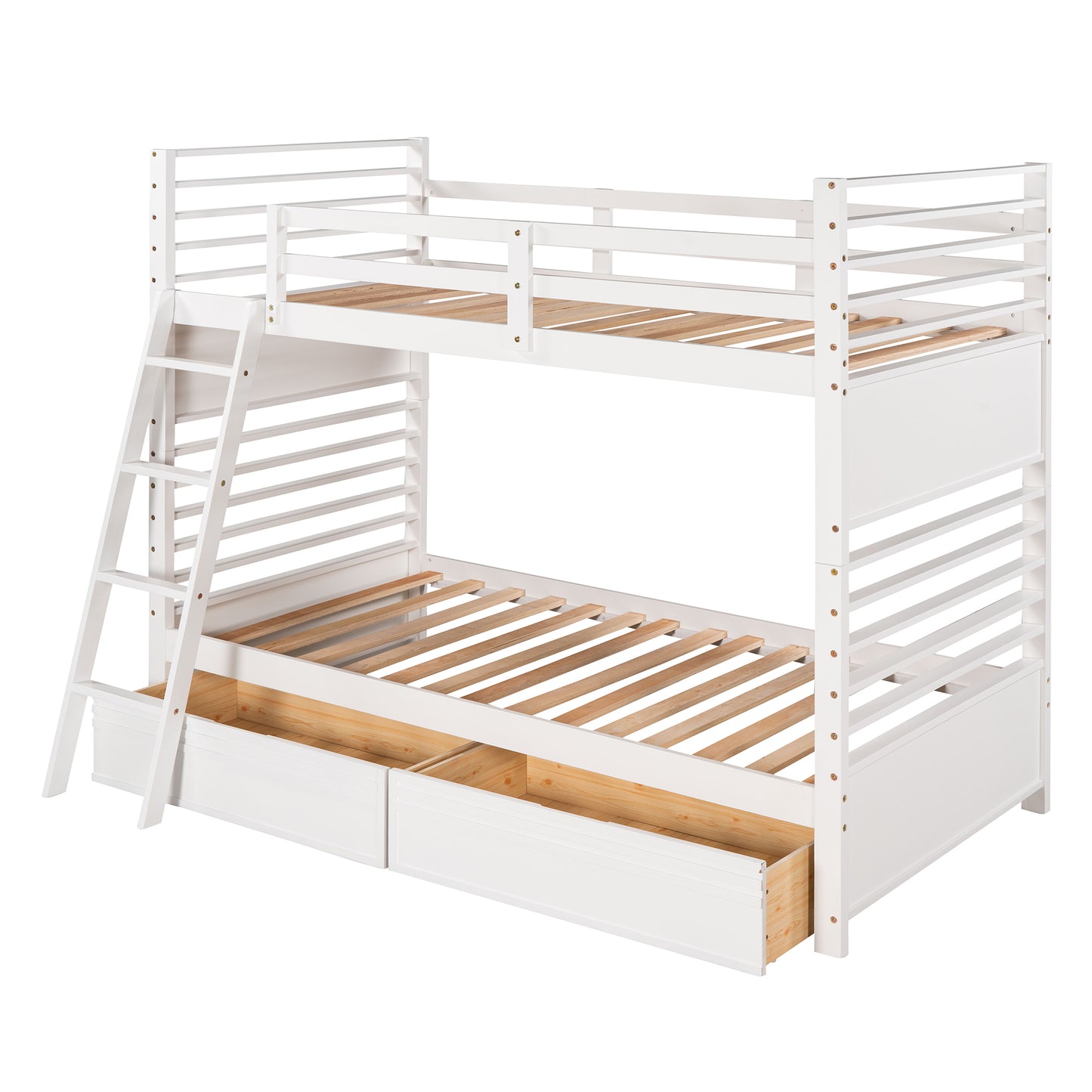 White Twin Bunk Bed with Two Underbed Drawers for Space-Saving Sleepovers