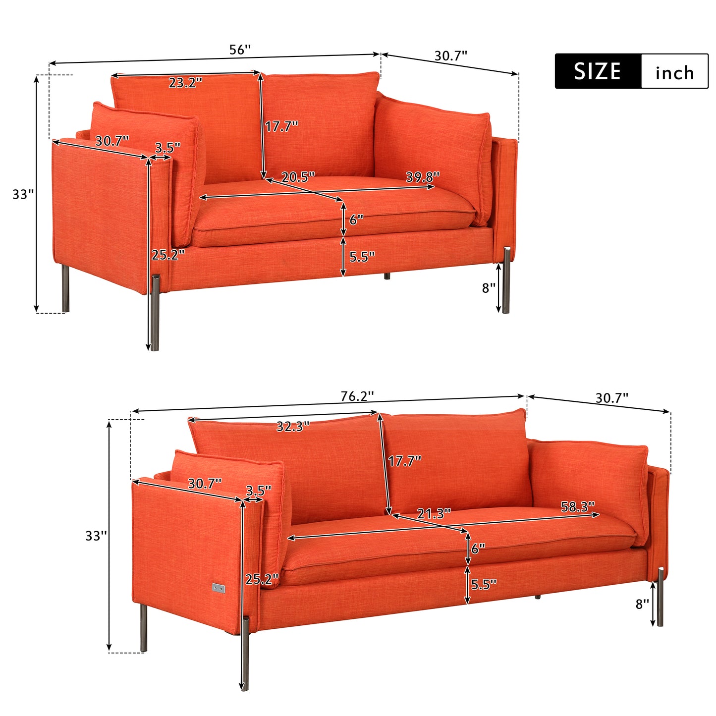 Modern 2-Piece Sofa Set with Loveseat and 3-Seat Couch