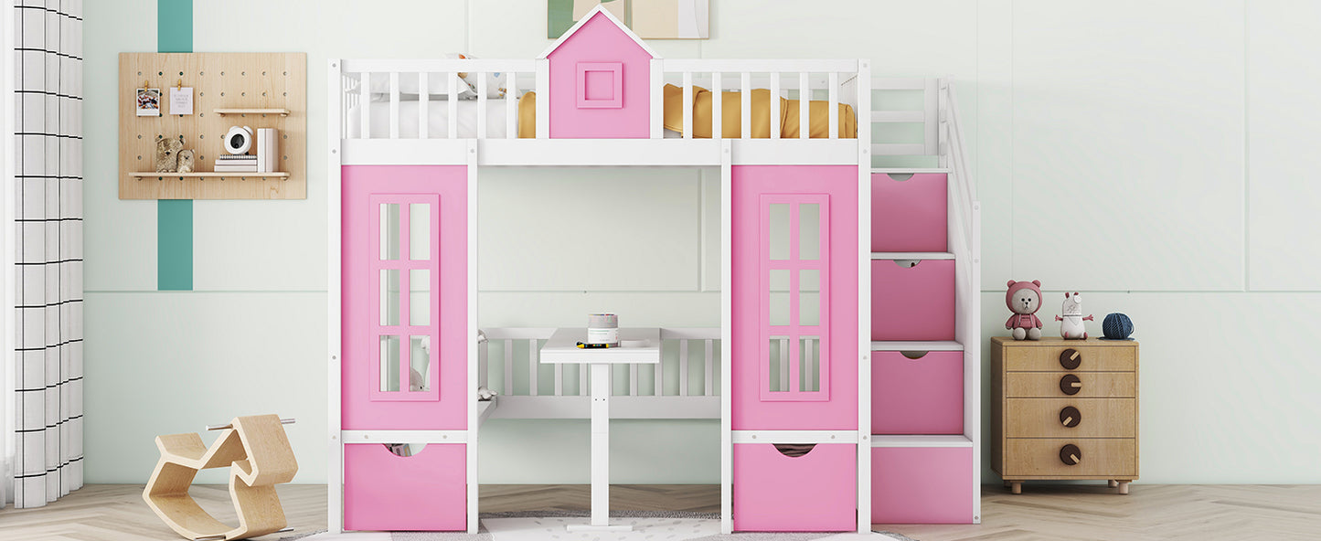 Pink Full-Over-Full Bunk Bed with Multi-Functional Table