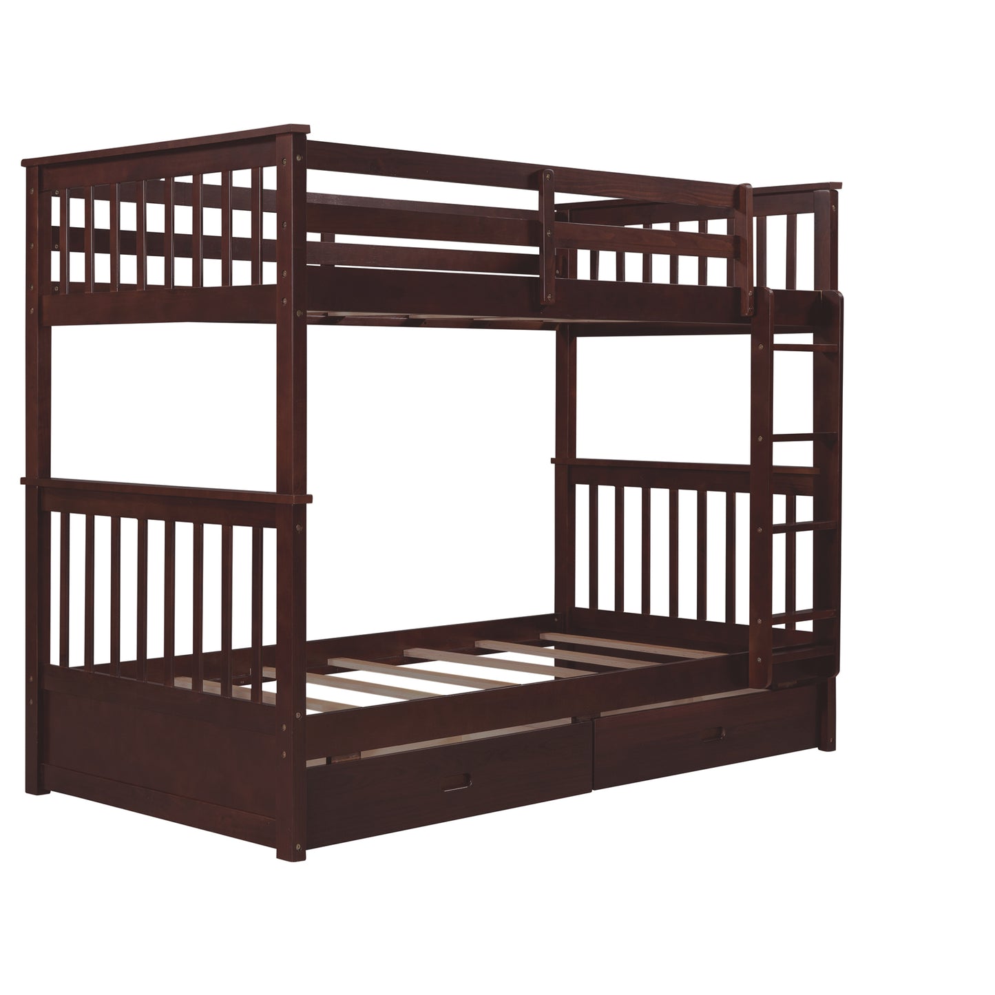 Twin Bunk Bed with Storage Drawers and Ladders in Espresso - Space-Efficient Solution