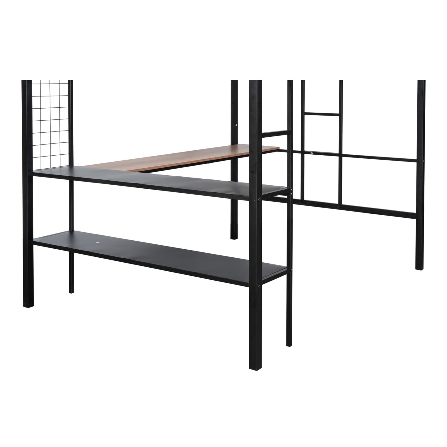 Metal Full Size Loft Bed with Desk & Shelves/ Sturdy Metal Bed Frame/ Noise-free Wood Slats/ Comfortable Textilene Guardrail/ Built-in Desk, 2-tier Shelves & Grid Panel/ 2 Side Ladders