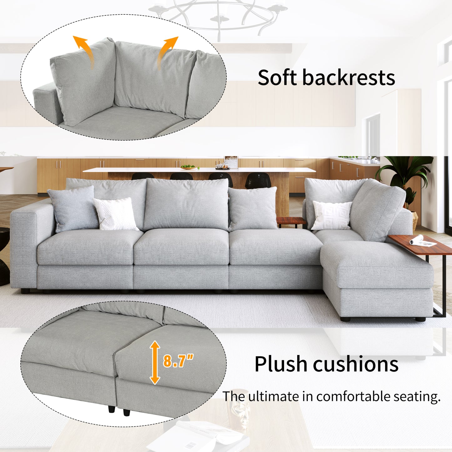 U_STYLE Modern Large L-Shape Sectional Sofa for Living Room, 2 Pillows and 2 End Tables