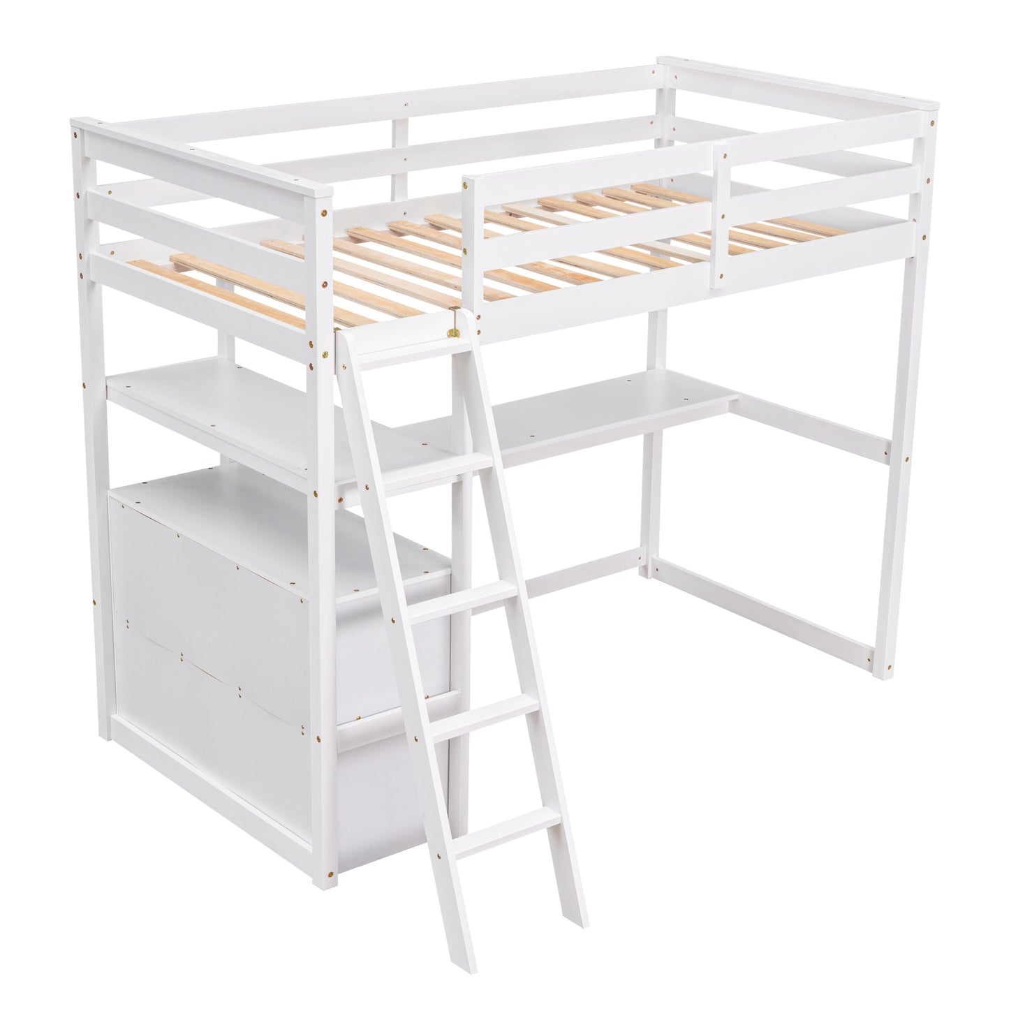 Twin Size Loft Bed with Desk and Shelves, Two Built-in Drawers, White (: GX000803AAK-1)