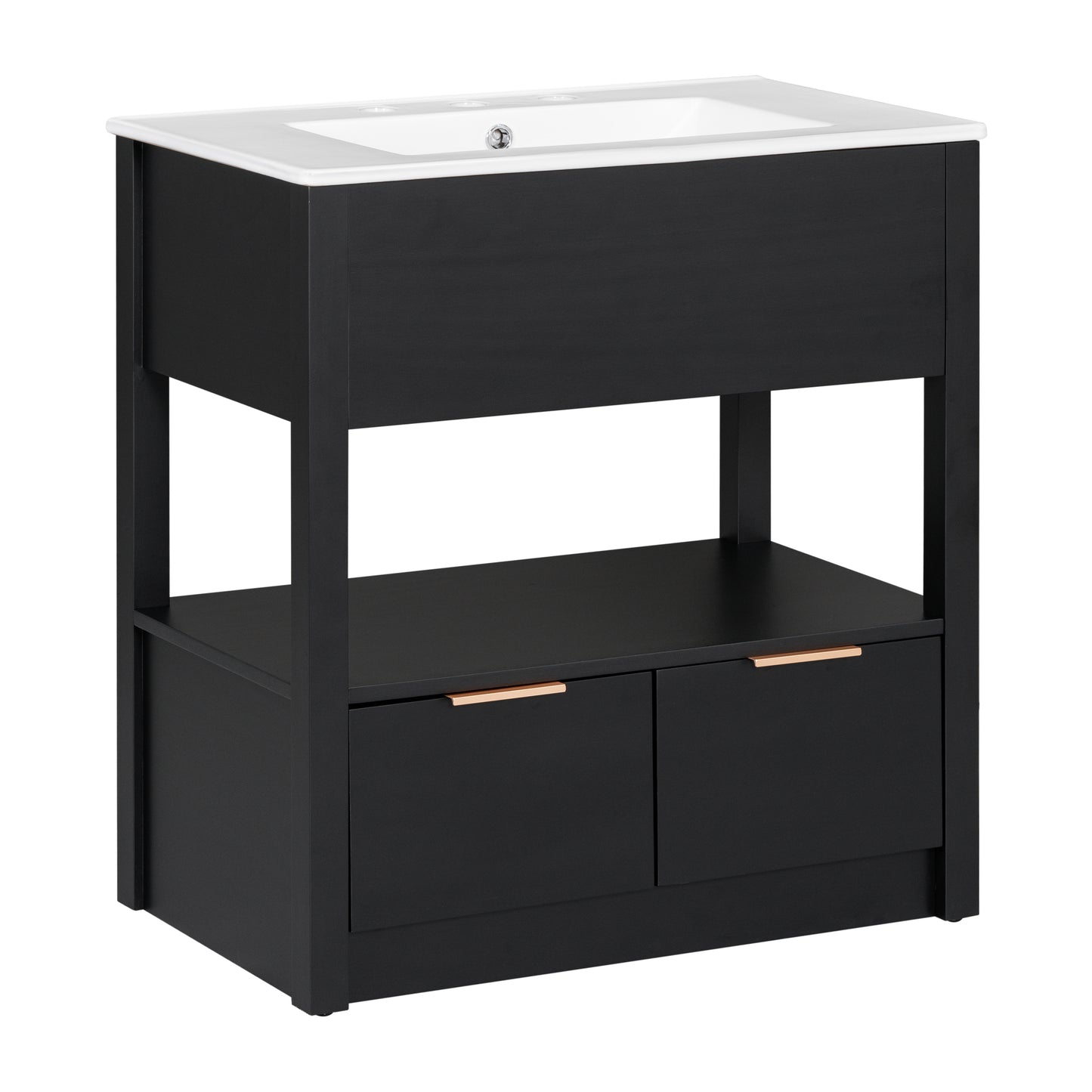 30" Bathroom Vanity with Sink Top, Bathroom Cabinet with Open Storage Shelf and Two Drawers, One Package, Black