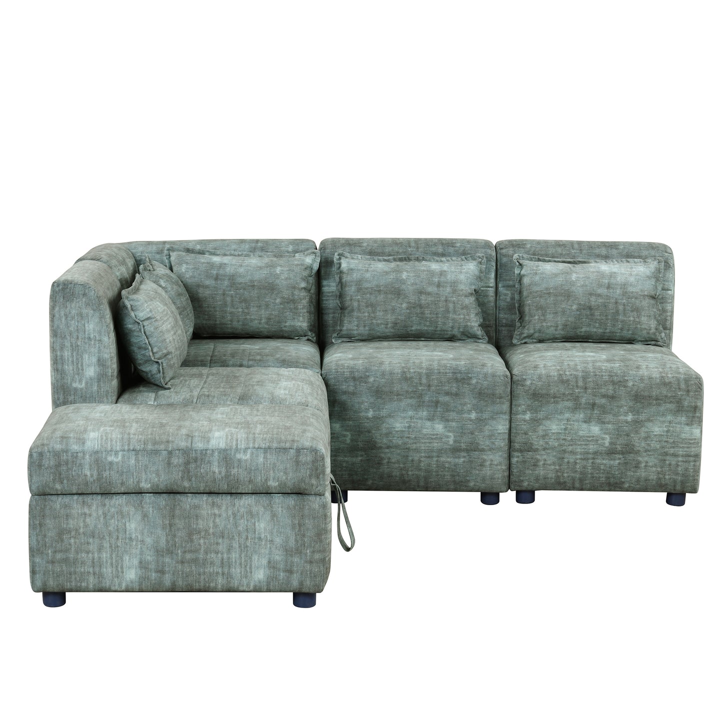 Endless Lounge Creations: Free-Combined Blue-Green Sectional Sofa with Storage Ottoman and 5 Pillows