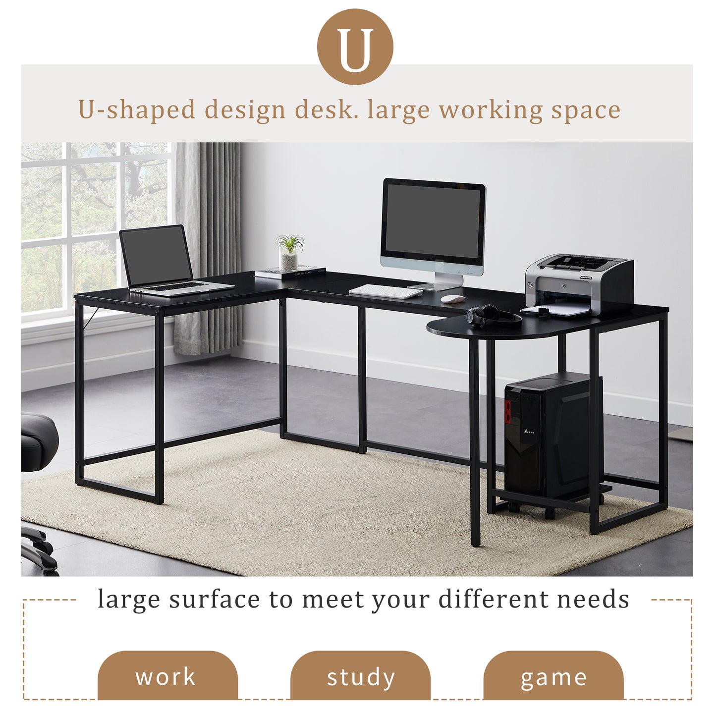 U-shaped Industrial Corner Computer Desk with CPU Stand - Black