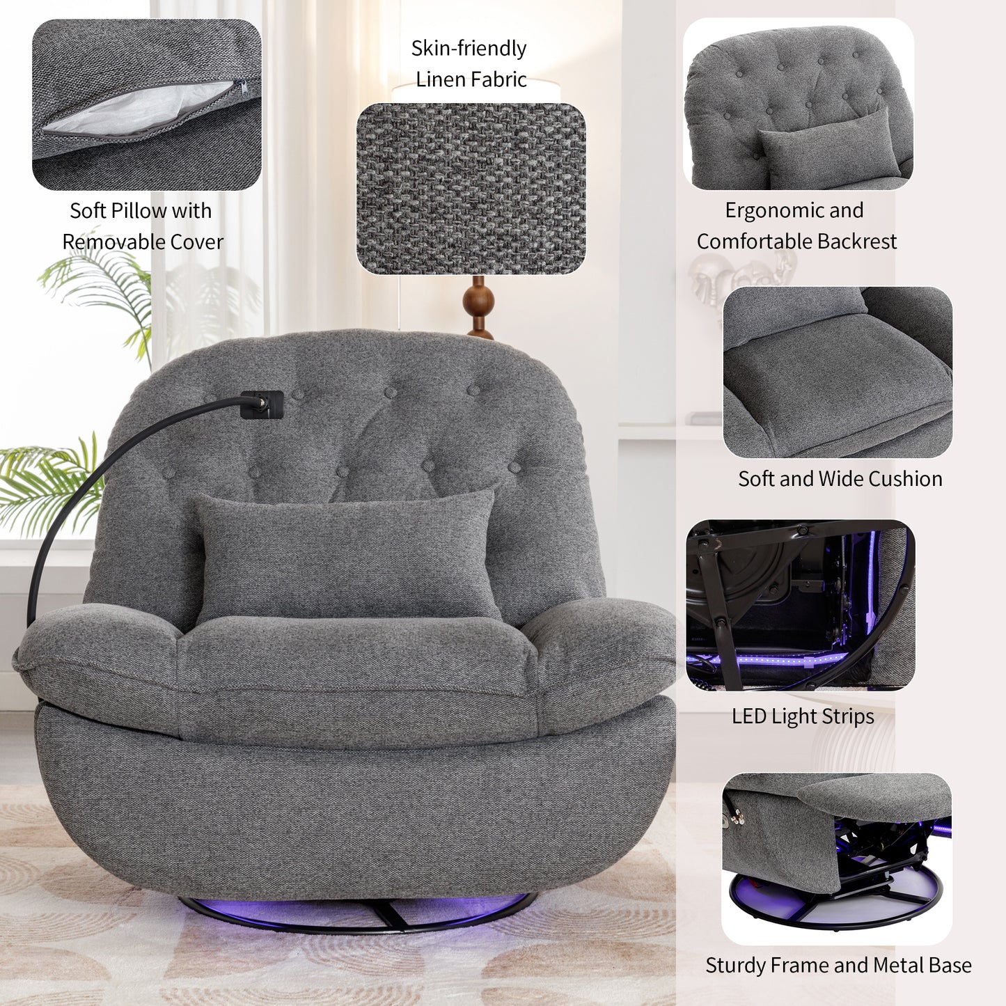 Smart Grey Recliner with Swivel, Voice Control, and Bluetooth Music Player