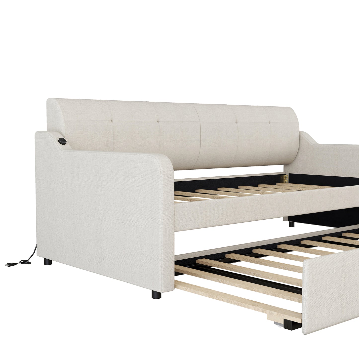 Twin Size Upholstery Daybed with Trundle and USB Charging Design,Trundle can be flat or erected,Beige