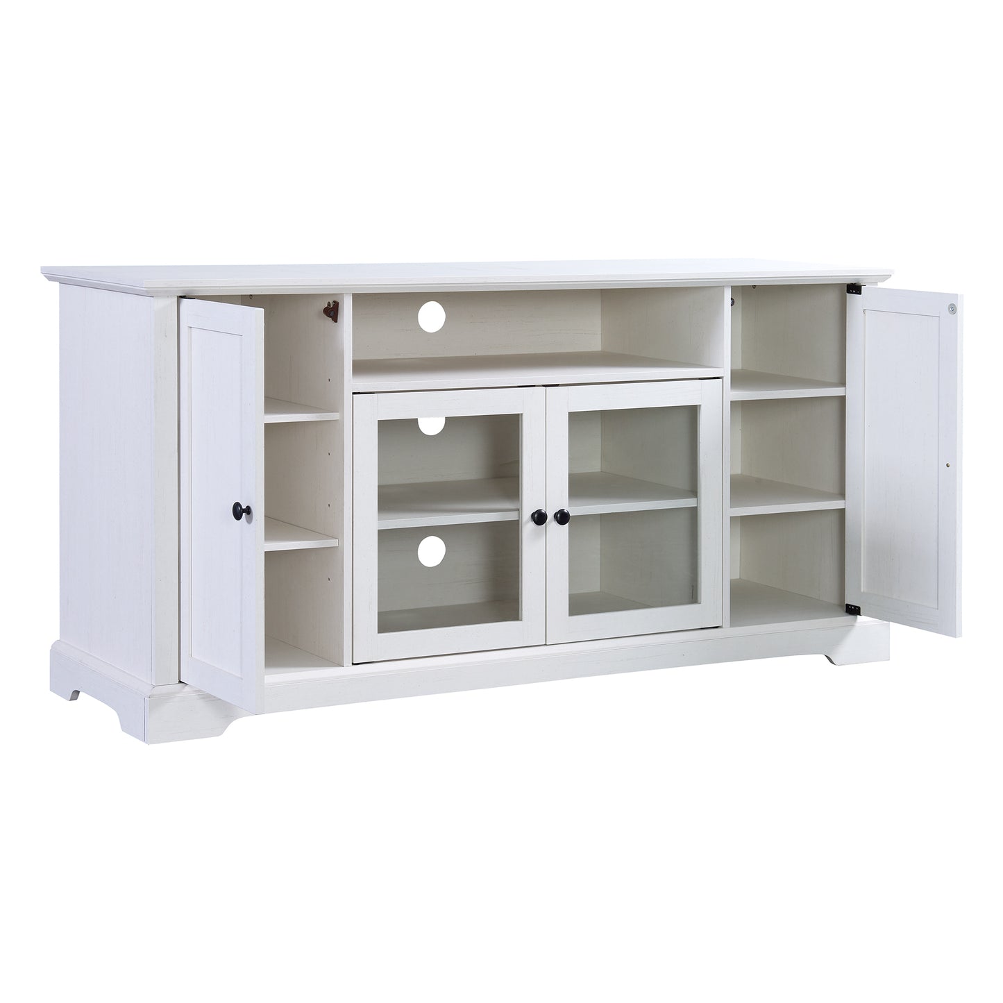 Transitional Highboy TV Stand with Tempered Glass Doors - White