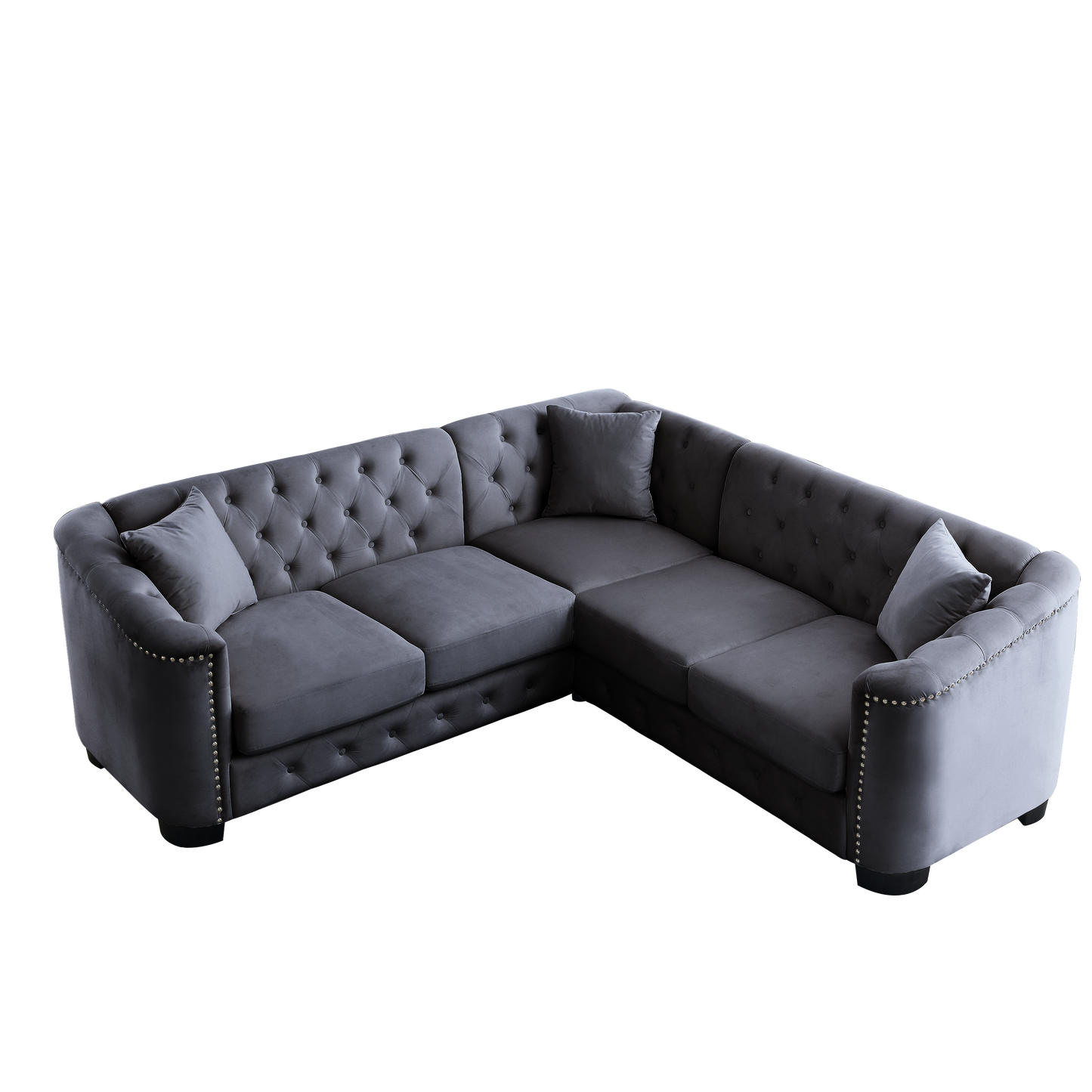 82-Inch Modern Grey Velvet L-Shaped Sectional Sofa with Nailhead Trim and 3 Cushions