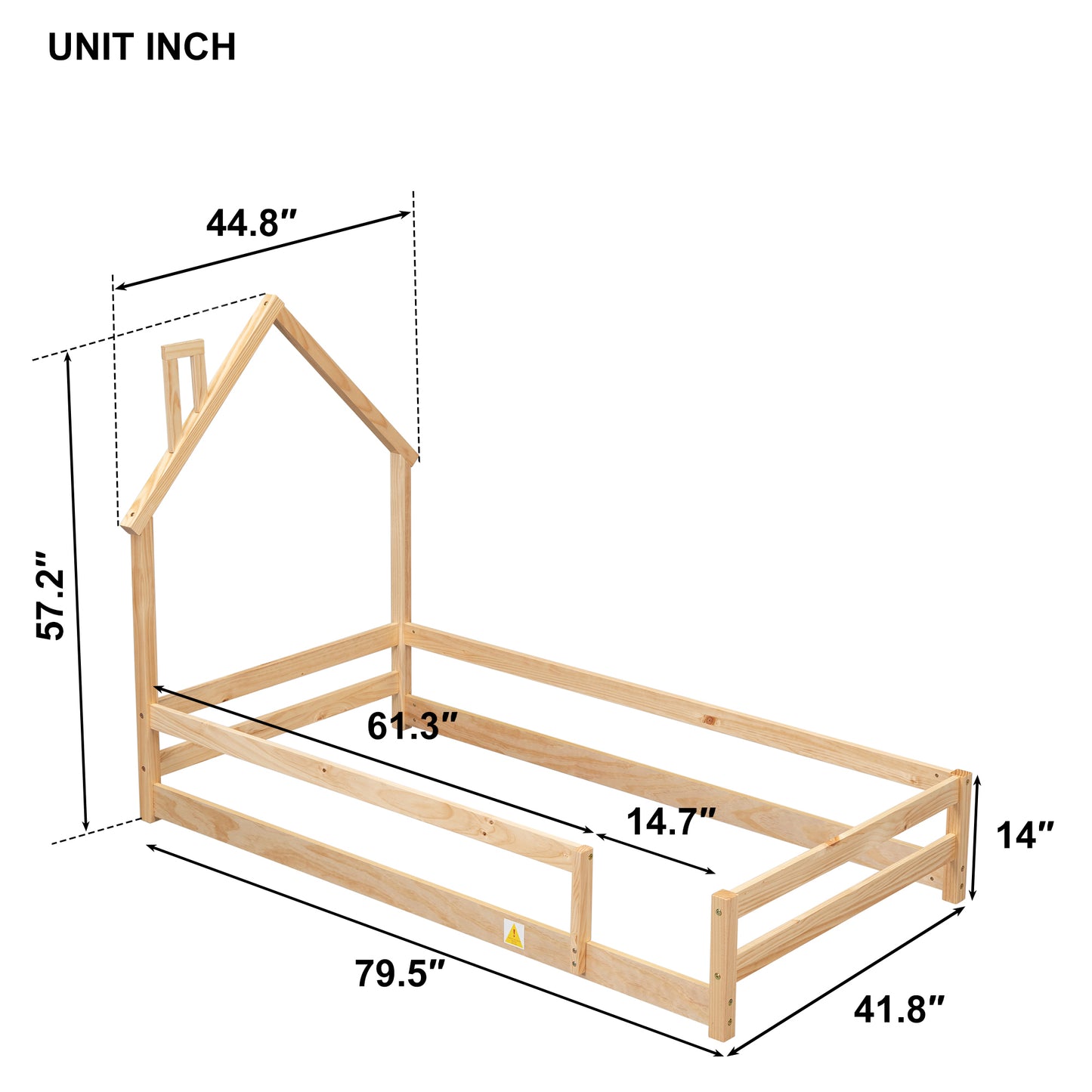 Twin Size Wood bed with House-shaped Headboard Floor bed with Fences,Natural