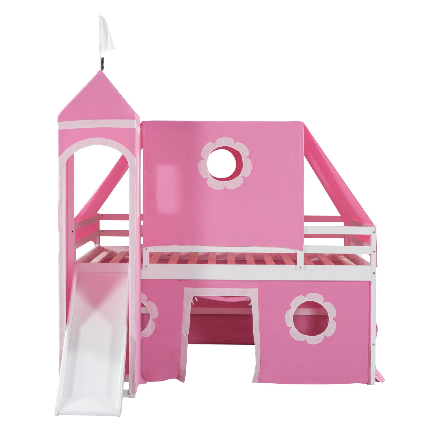 Pink Castle Loft Full Size Bunk Bed with Slide, Tent, and Tower - Enchanting Pink Castle Loft Bed with Slide, Tent, and Tower