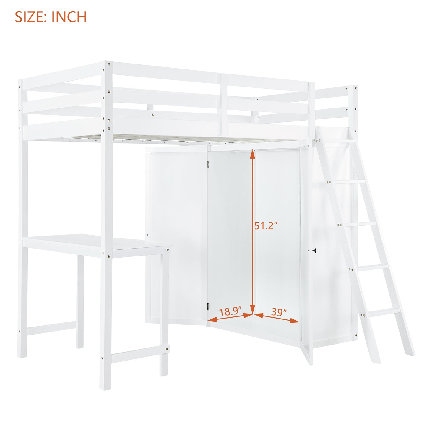 Twin Size Loft Bed with Wardrobe and Desk, White