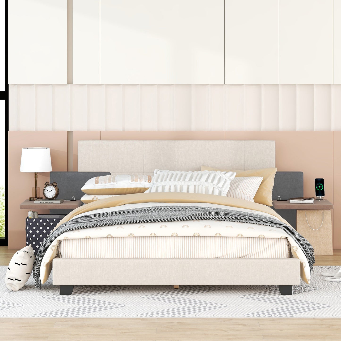 Queen Size Upholstered Platform Bed with Bedside Shelves and USB Charging Design, Beige+Gray