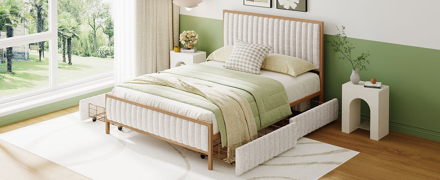 Full Size Metal Frame Upholstered Bed with 4 Drawers, Linen Fabric, Beige