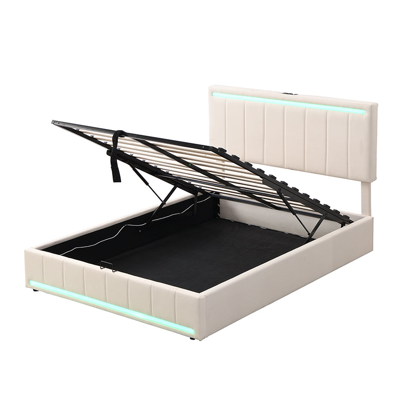 Full Size Upholstered Platform Bed with Hydraulic Storage System, LED Light, and a set of USB Ports and Sockets, Linen Fabric, Beige