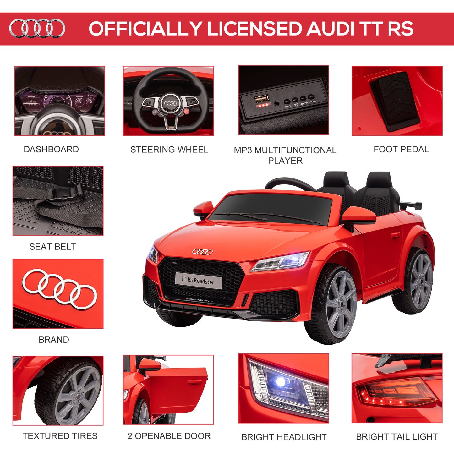 Aosom 6V Kids Electric Ride On Car, Licensed Audi TT RS with Suspension System and Remote Control, Horn, 5 Songs, Lights, MP3 Player, Red