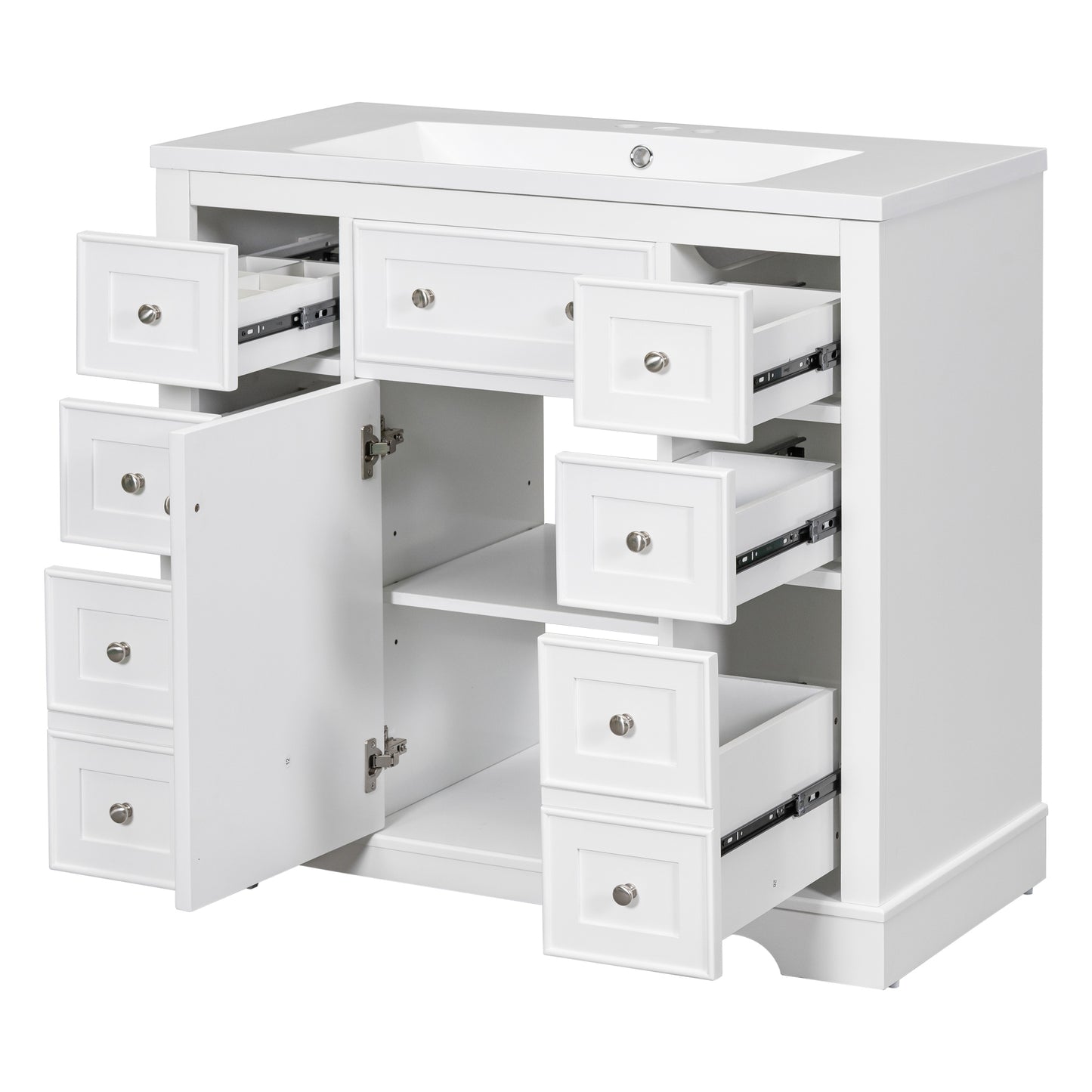 36" Bathroom Vanity with Sink Combo, One Cabinet and Six Drawers, Solid Wood and MDF Board, White