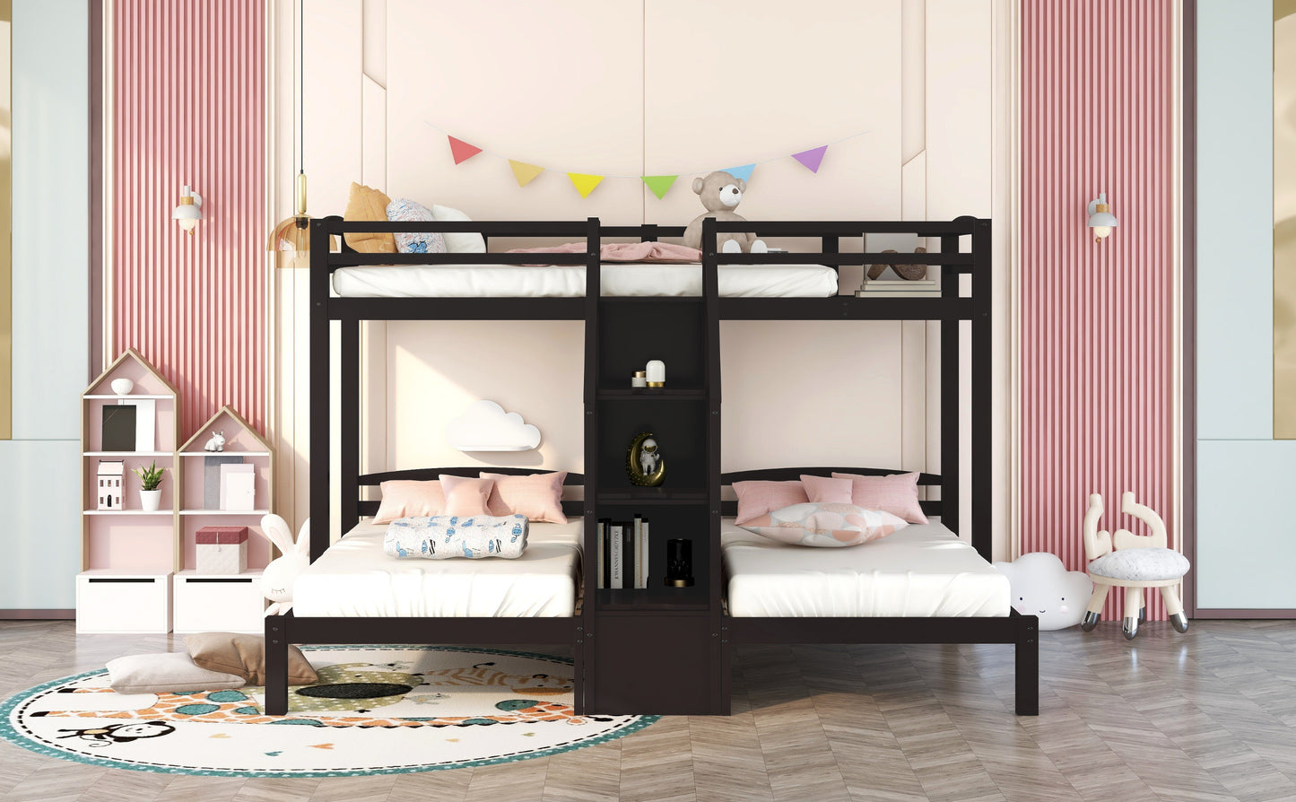 Espresso Triple Bunk Bed with Staircase and Storage Drawers