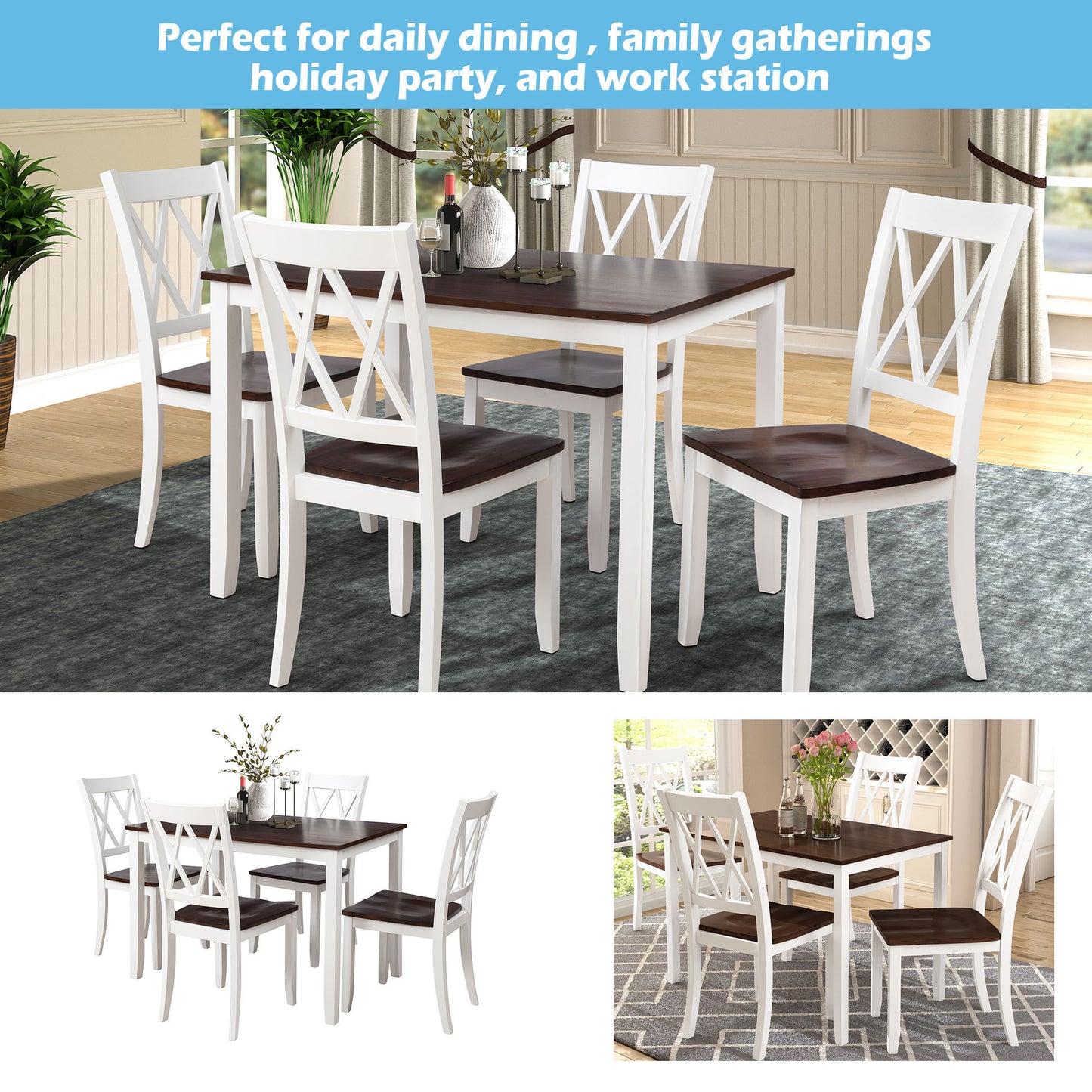 5-Piece Dining Table Set Home Kitchen Table and Chairs Wood Dining Set, White+Cherry