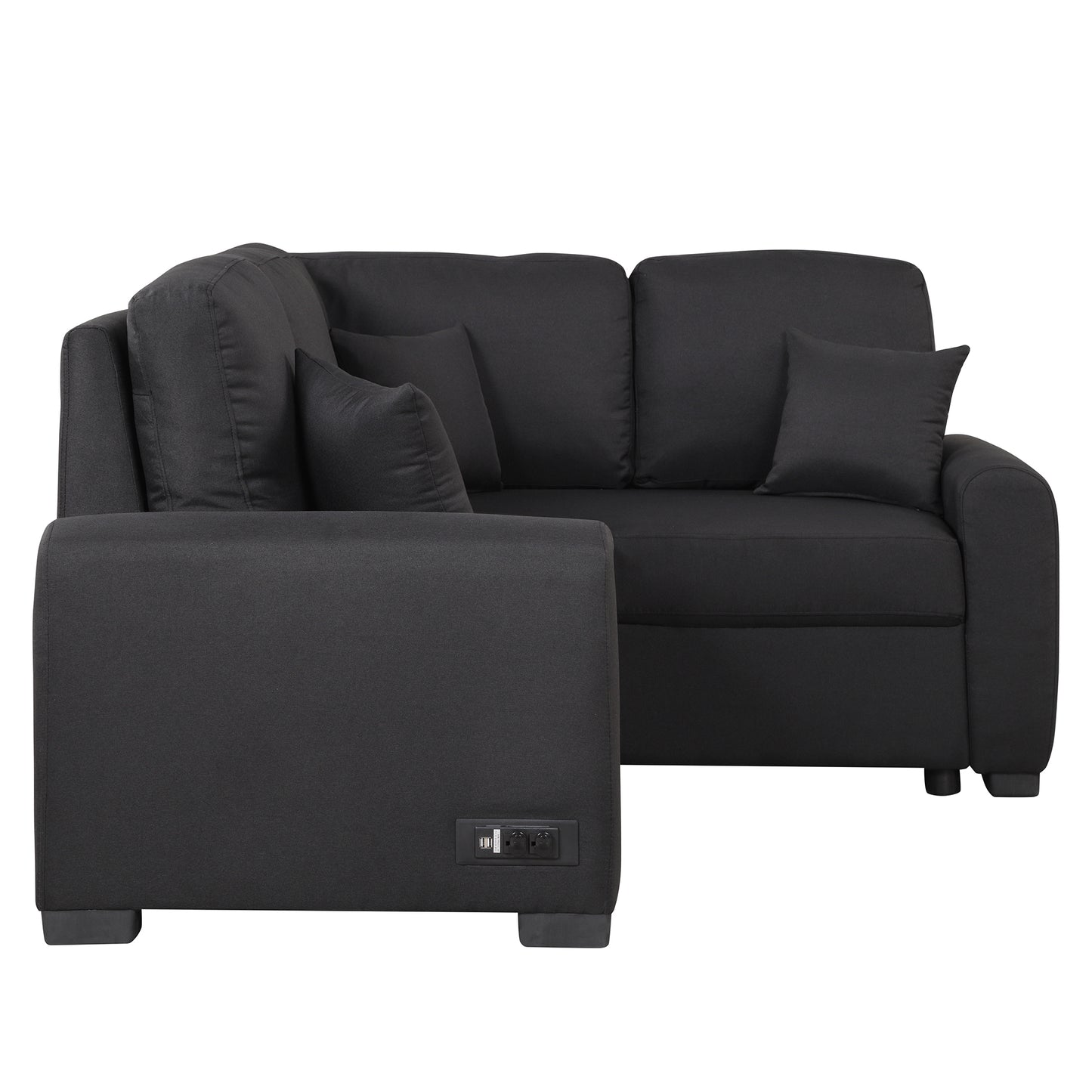 Sleeper Sectional Sofa with USB Charging Port and Plug Outlet, Pull-Out Bed with 3 Pillows, L-Shape Chaise for Small Living Spaces, Black