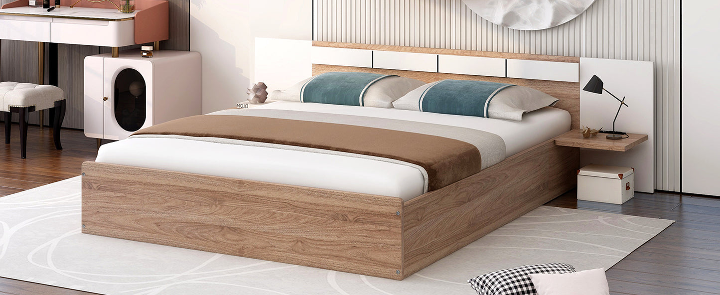 Queen Size Platform Bed with Headboard, Shelves, USB Ports and Sockets, Natural