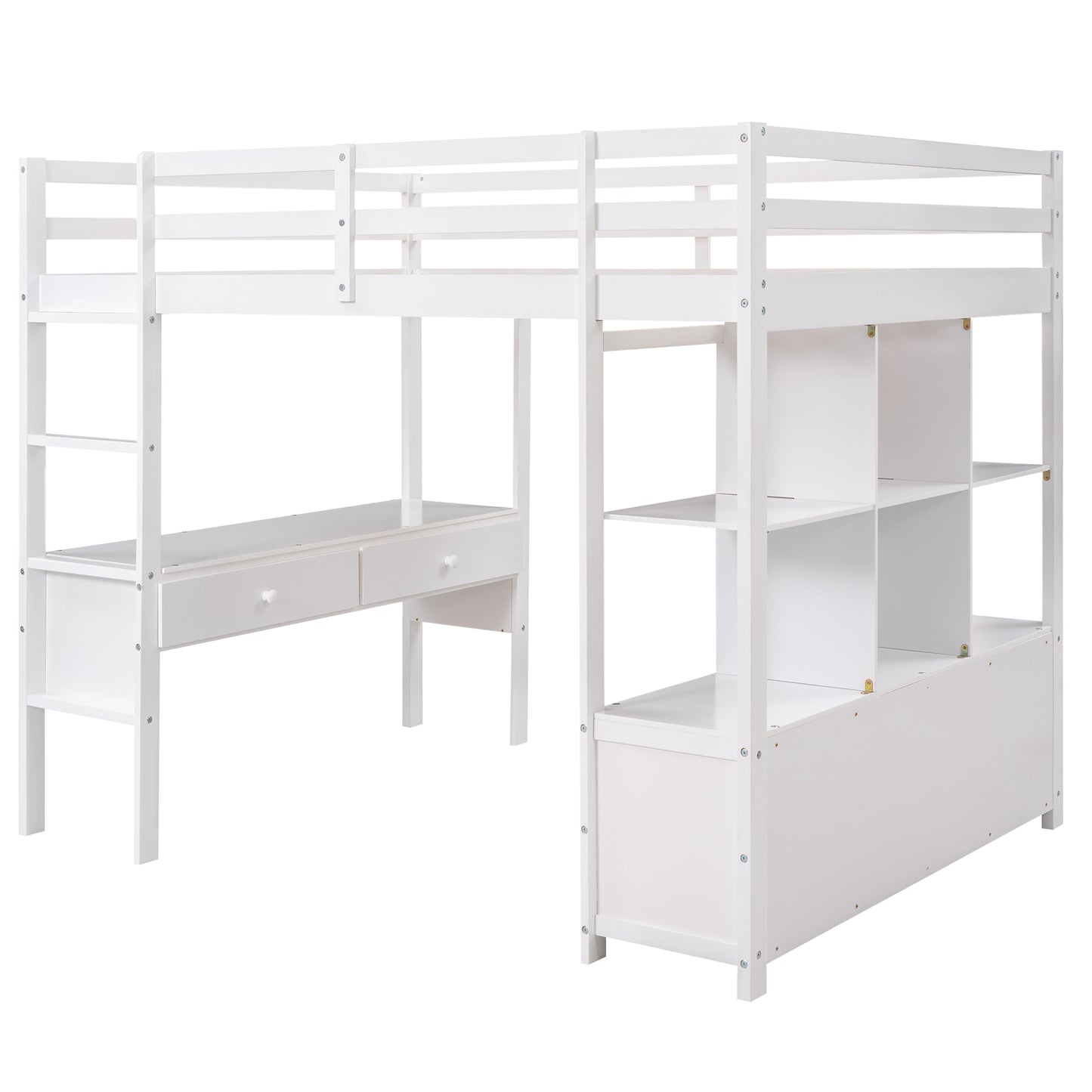 Full Size Loft Bed with Built-in Desk with Two Drawers, and Storage Shelves and Drawers,White