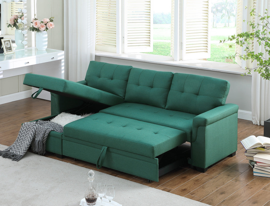 Lucca Emerald Linen Reversible Sleeper Sectional Sofa with Storage Chaise