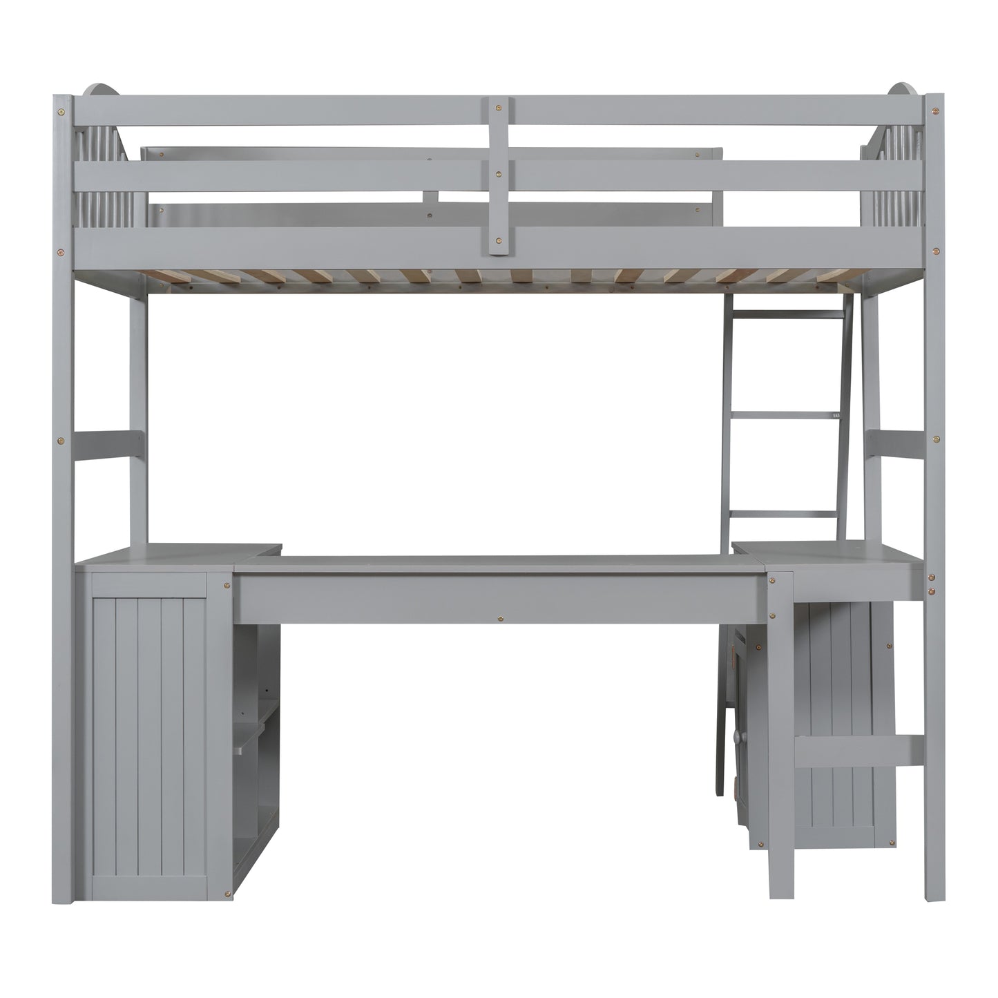 Twin size Loft Bed with Drawers, Cabinet, Shelves and Desk, Wooden Loft Bed with Desk - Gray( :LT000505AAE)