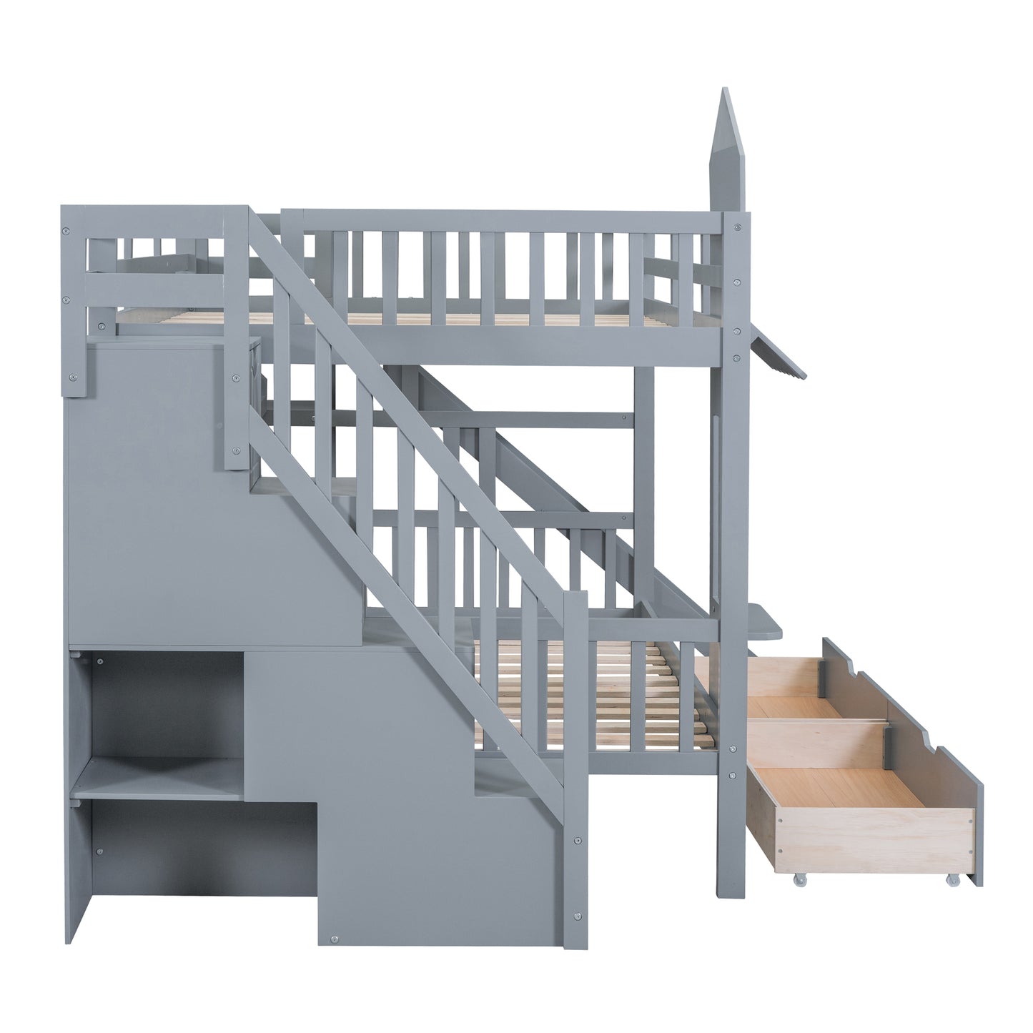 Castle Loft Bunk Bed with Slide, Drawers, and Shelves - Gray: Magical Castle Style Loft Bed with Slide, Drawers, and Shelves