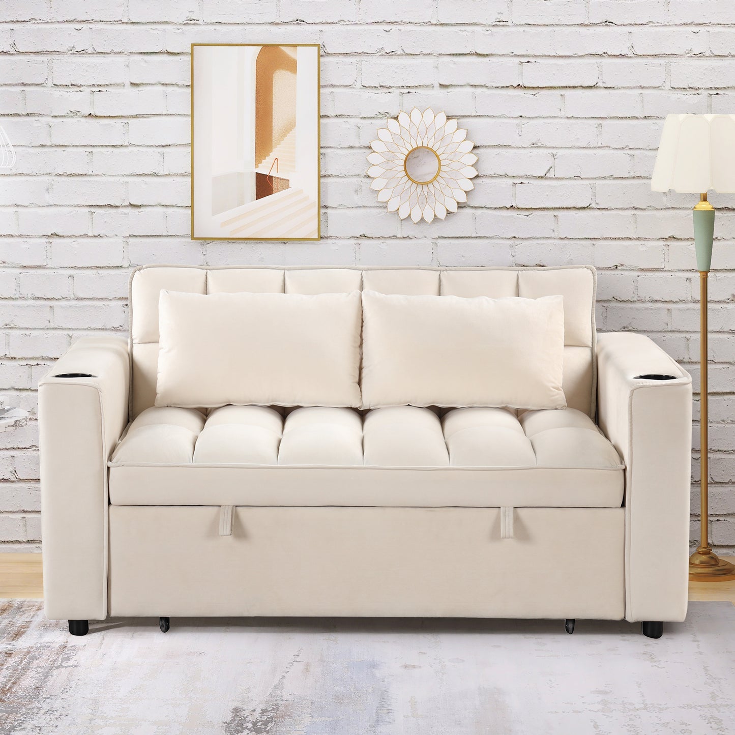 55.3 Multi-functional Sofa Bed with Cup Holder and USB Port for Living Room in Milky White