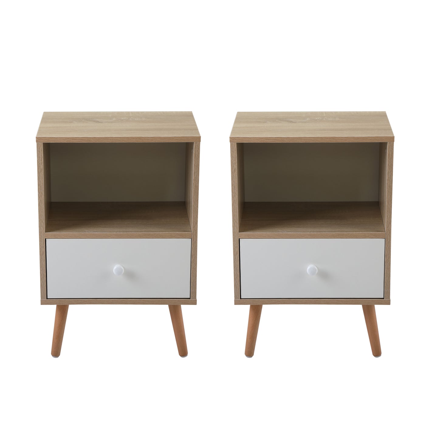 Mid-Century Wood Nightstand, Bed Sofa Side Table with Drawer and Shelf, Modern End Table for Living Room Bedroom Office, Set of 2, Natural and White