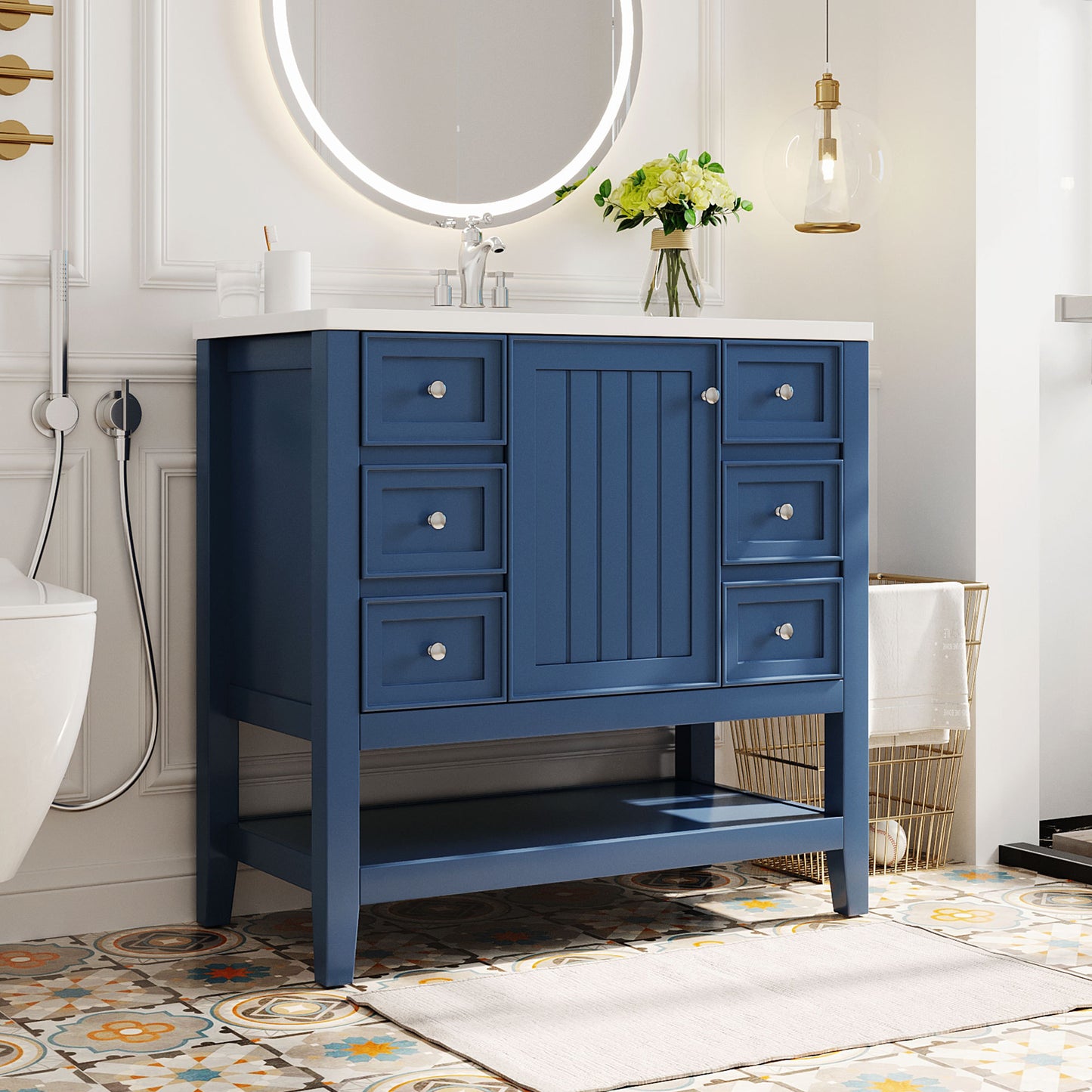 36" Bathroom Vanity with Sink Combo, One Cabinet and Three Drawers, Solid Wood and MDF Board, Blue