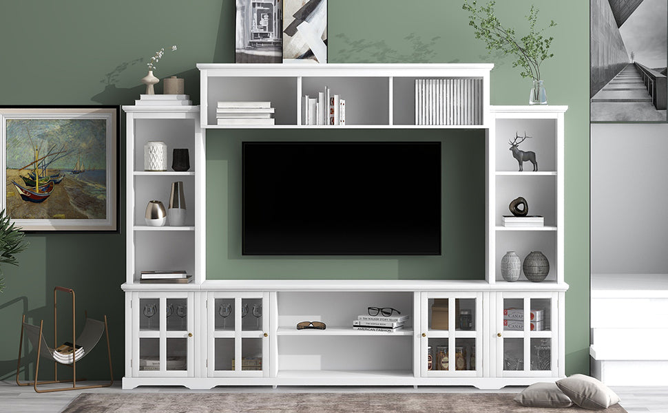 Modern White Entertainment Wall Unit with Bridge and Tempered Glass Door for TVs Up to 70