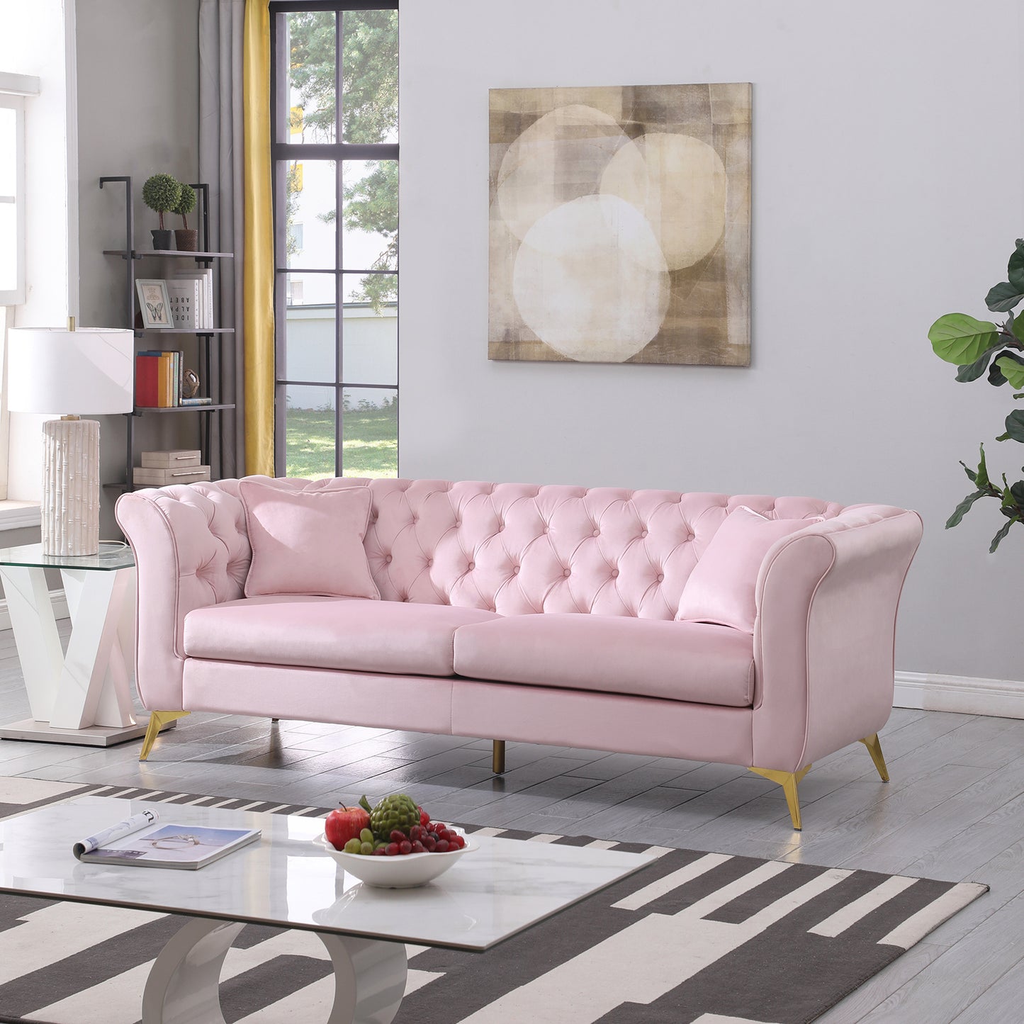 Chesterfield sofa ,Stanford sofa ,  high quality Chesterfield sofa ,pink color , tufted and wrinkled fabric  sofa;contemporary Stanford sofa ; tufted sofa with scroll  arm and scroll back.loveseater