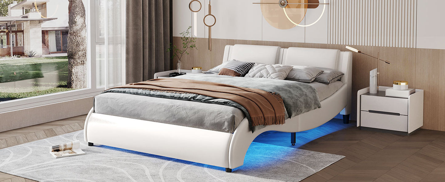 Queen Size Upholstered Faux Leather Platform Bed with LED Light Bed Frame with Slatted - White