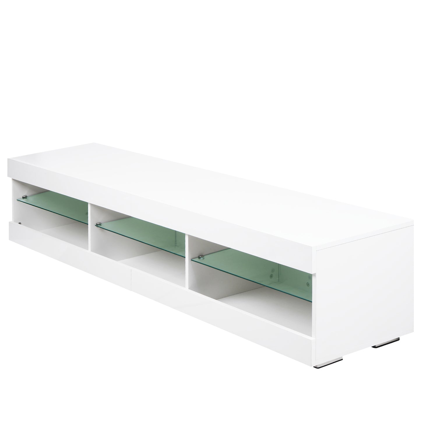 Sleek LED TV Console with Storage and Glass Shelves for Modern Living Rooms