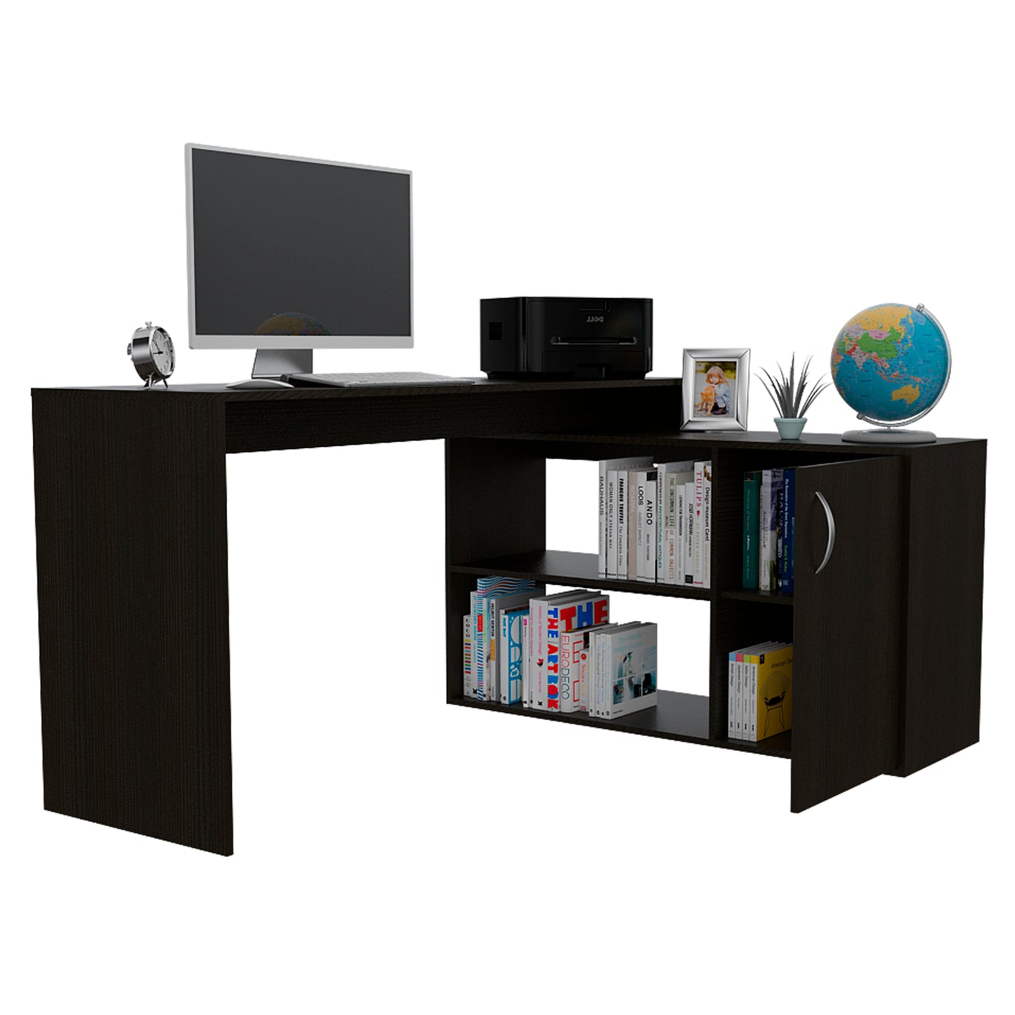 Sleek Black L-Shaped Office Desk with Generous Storage